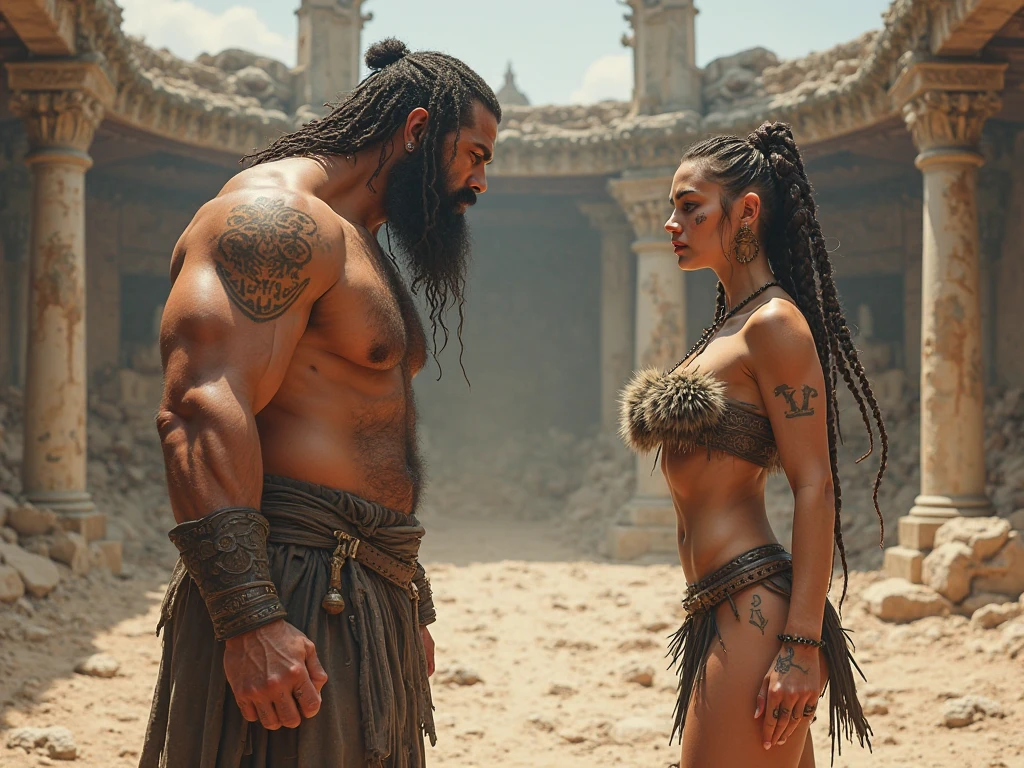 Muscular primitive man and woman emerging from a cave with a kettlebell in their hands