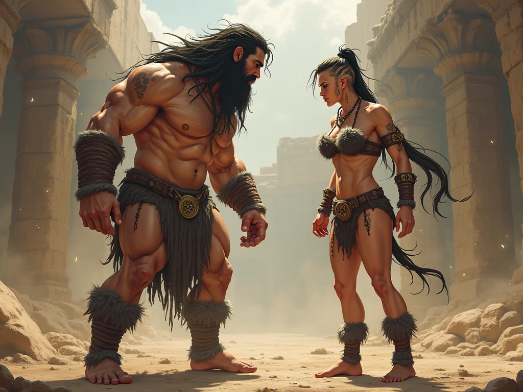 A highly realistic panoramic sunlight image of Conan the Barbarian and his beloved Bêlit with huge breasts, parte superior nua vestida apenas com uma tanga de homem primitivo, ambos parados, cidade ancestral abandonada, Ruined building, surrounded by jungle trees in 10000 a.C., fotografia HD, ultra-realistic, Rei Tut, 4k, hyper-realistic, Crisp texture, cor