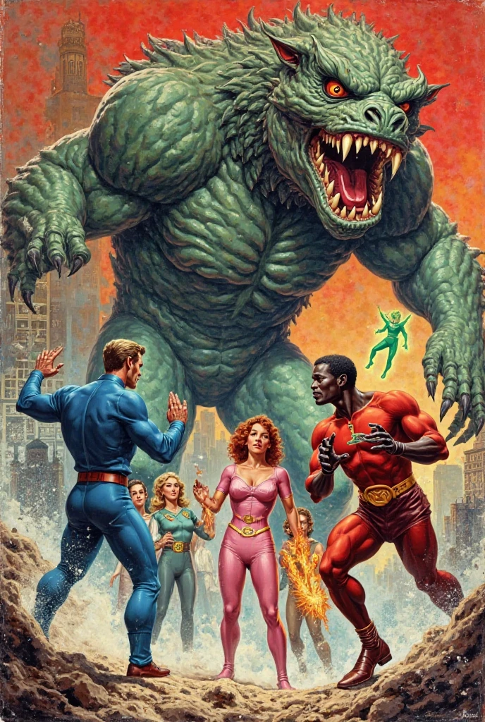 Create a scene of a fight between two teenagers, one with brown hair and blue clothes and the other with orange clothes and blonde hair, against pink and green mutants ,em um beco,,Japanese drawing style