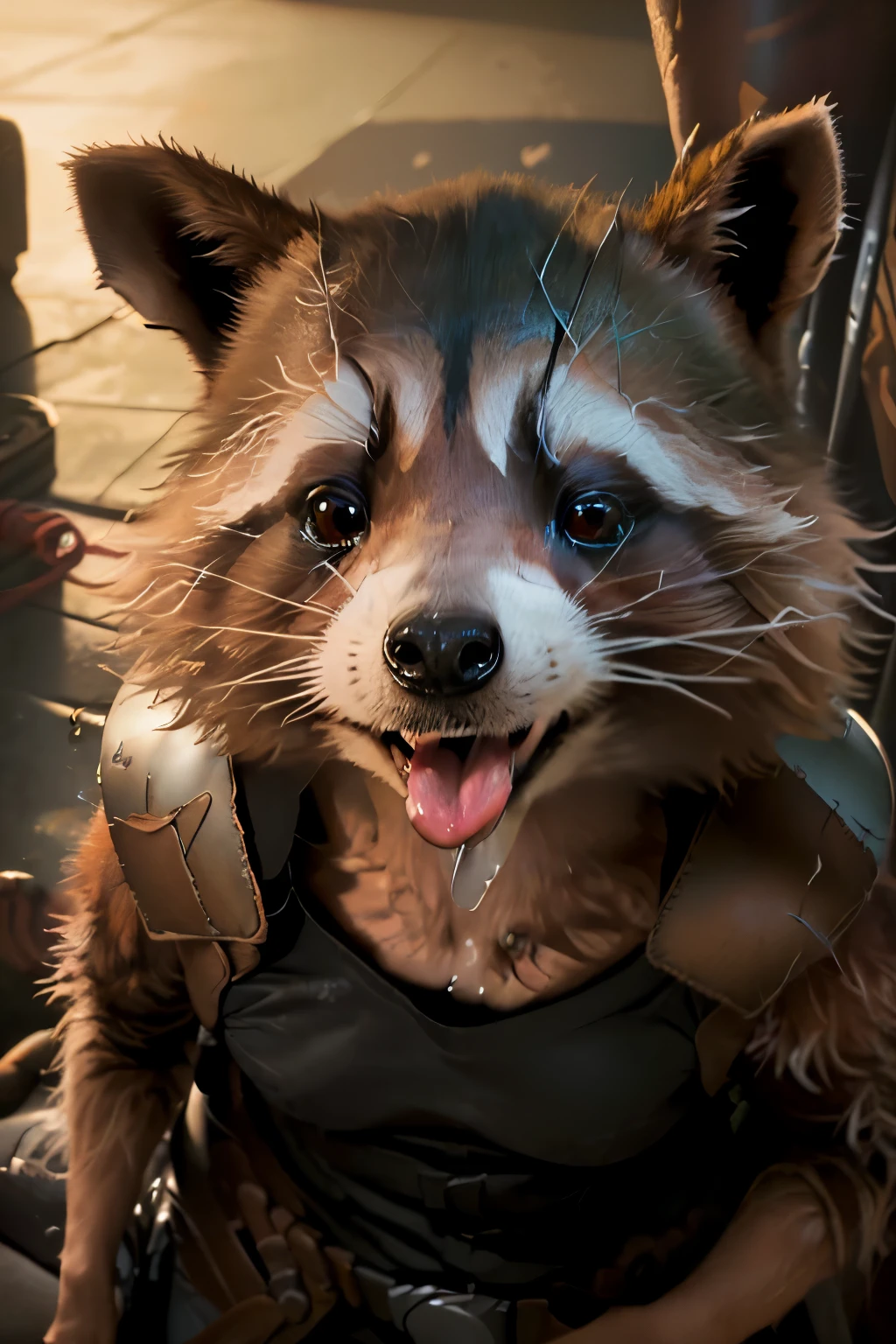 rocket raccoon, wearing a black t-shirt, pov furry art, spit flying from mouth, nsfw, highly detailed backmouth, angry high moral sexy raccoon, correct raccoon muzzle, (nsfw) not safe for work, dripping saliva, highres, masterpiece, realistic, cumfacial, side angle, above angle, looking up and slightly to the right, tongue out