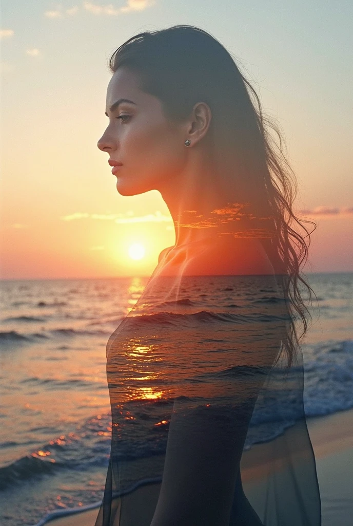 high quality, 8K Ultra HD, Uma bela double exposure que combina uma silhueta de deusa com a costa ao pôr do sol, the coast at sunset should serve as a backdrop, background with its details embedded in the goddess,  sharp lines, The background is monochrome, sharp focus, double exposure, By Yukisakura, full color