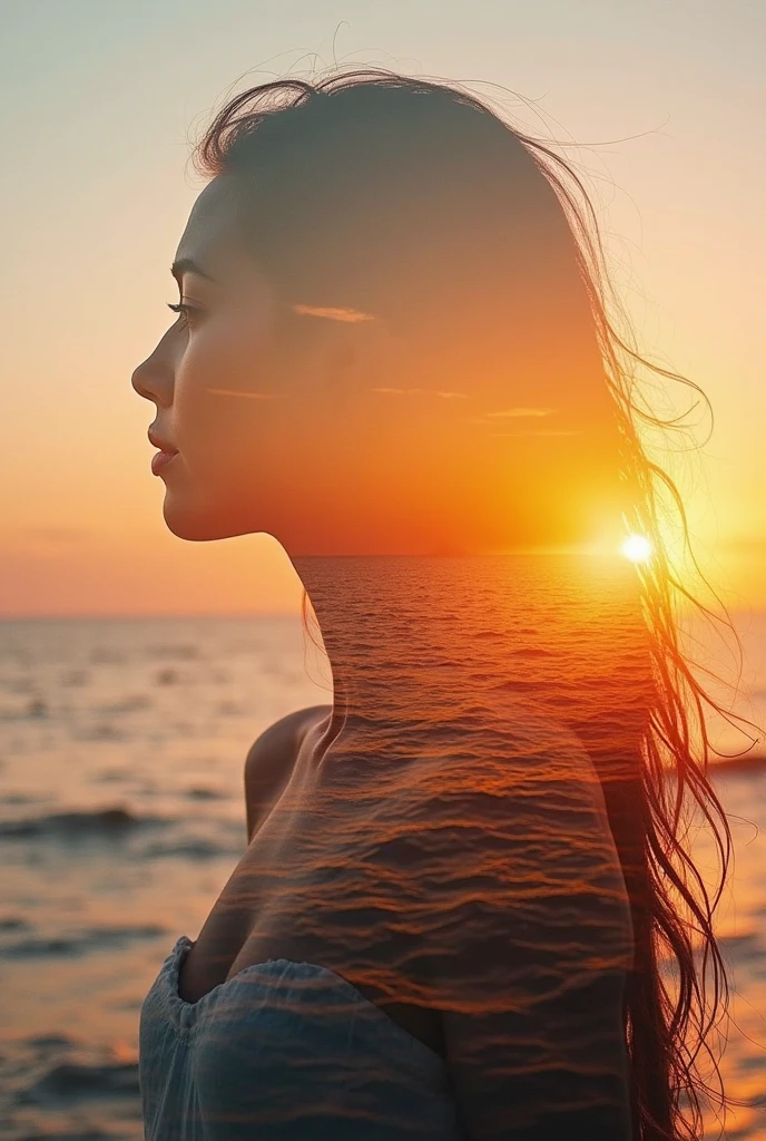 high quality, 8K Ultra HD, Uma bela double exposure que combina uma silhueta de deusa com a costa ao pôr do sol, the coast at sunset should serve as a backdrop, background with its details embedded in the goddess,  sharp lines, The background is monochrome, sharp focus, double exposure, By Yukisakura, full color