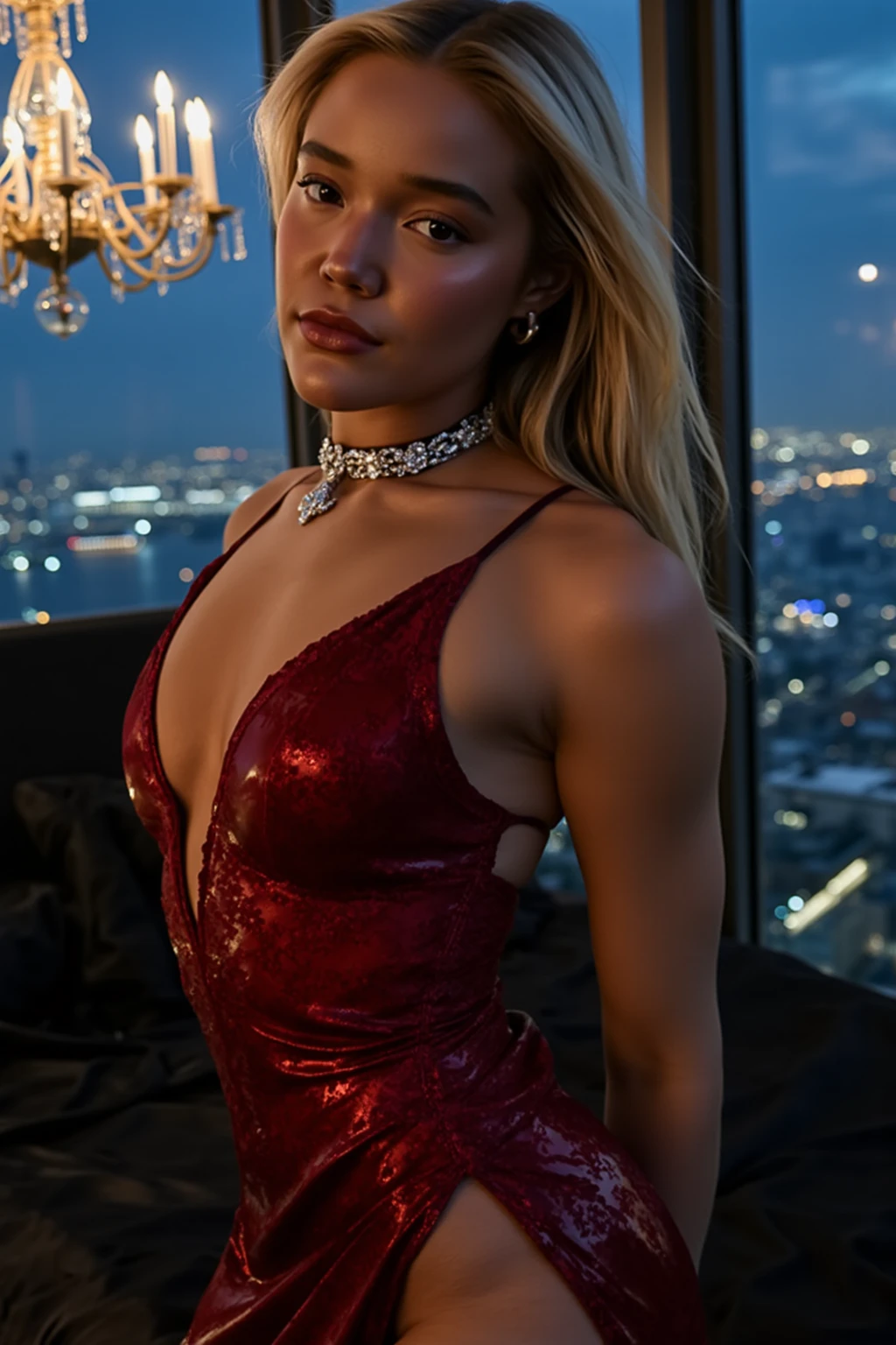 Kathryn Winnick, com vestido cintilante rosa, numa mesa do Ritz de Nova York, a noite, luz natural, cinematic lightening, fundo skyline da cidade iluminada, fotorrealista, 8k foto de celebridade, muito real, obra prima close UP, 1:2