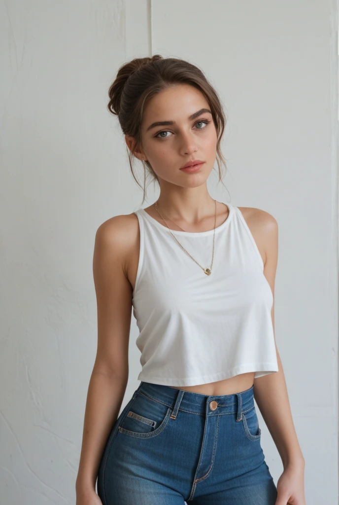 There's a woman sitting on a ledge with a suitcase, Branco! Tampo com estampa, com corte rasgado t - camisa, usando regata, lindo modelo jovem, Tampo branco do tanque, usando topo de corte, usando uma camiseta regata, usando um top cropped, usando um top cropped, Barbara Palvin, usando um top de colete, tampo branco, topo de corte