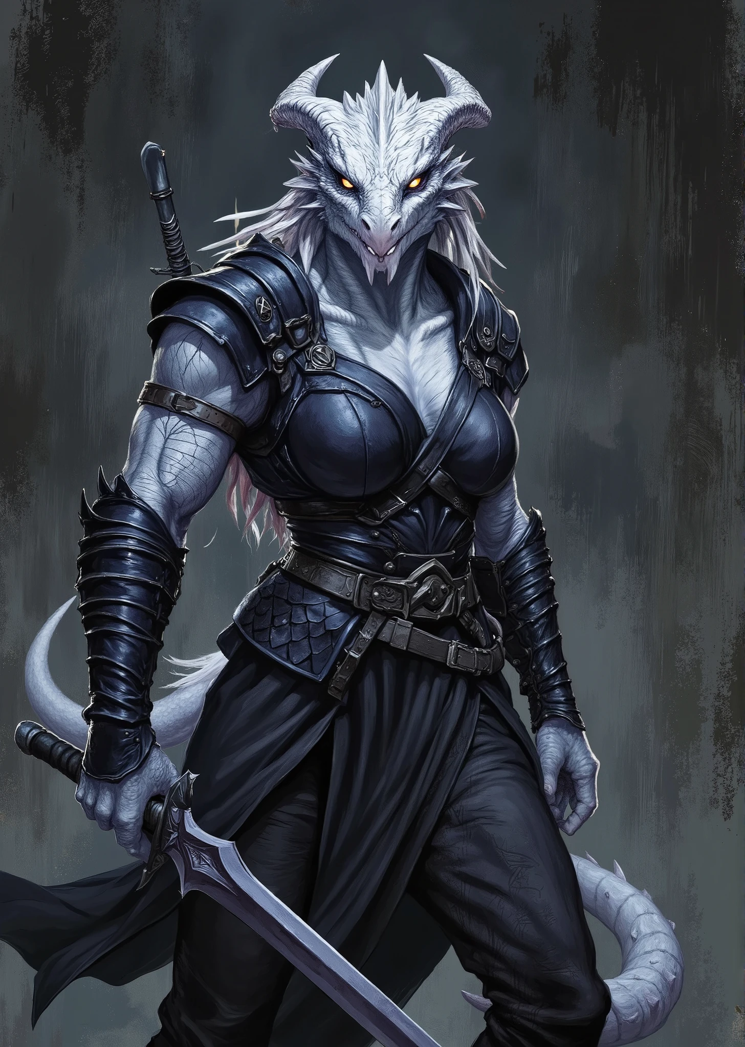 An extremely detailed comic book illustration of an extremely curvaceous Chromatic White Dragonborn from Dungeons and Dragons which look like wingless bipedal dragons scaly bright-eyed and thick-boned with horns on their heads with a white coloration trained as a Dungeons and Dragons Monk following the Way of the Shadow Warrior taught to use rigorous combat training and mental discipline to align themselves with the natural balance of the multiverse and focus their internal reservoirs of power before channeling it into a striking display of martial prowess creating extraordinary even supernatural effects wears a fitted dark tunic that hugs her torso allowing for ease of movement made of durable yet lightweight material perfect for quick agile maneuvers with sheer sleeves that are slightly puffed at the shoulders but taper down to fit snugly at the wrists with her forearms adorned with sleek protective armguards that are both stylish and functional made of dark leather and are embossed with intricate designs over fitted sheer trousers that are made from a flexible material allowing for silent movement in a dark shade complementing the overall stealthy look and reinforced at the knees for added protection during agile actions wearing a sturdy belt cinched at her waist featuring multiple small pouches and compartments and fingerless gloves that enhance her grip and dexterity made of a similar material as her armguards in an art style inspired by Frank Miller and Conan the Barbarian. The Background is awash in dark moody textured brushstrokes of mystical shades. Standing in a dynamic action pose. Trending on Art Station.