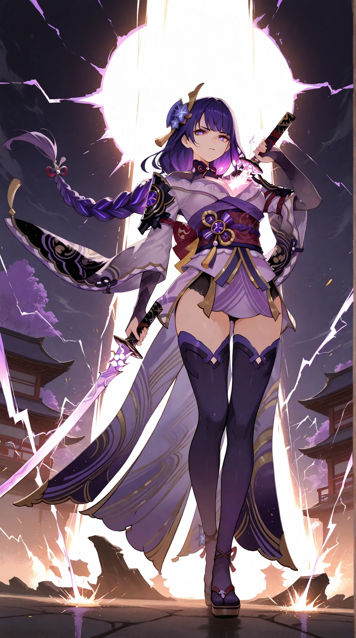 masterpiece, best quality, Raiden Shogun (Genshin Impact), solo, full body, low angle, dynamic composition,
purple hair, long braid, sharp eyes, glowing katana,
holding sword with one hand, sword emerging from , lightning energy,
traditional Japanese fantasy outfit, purple and gold ornaments, dramatic glowing background,
slightly lifted by sword, glowing divine aura, electric sparks, cinematic lighting,
light burst from , wind-blown hair and cloth, serious expression, confident stance