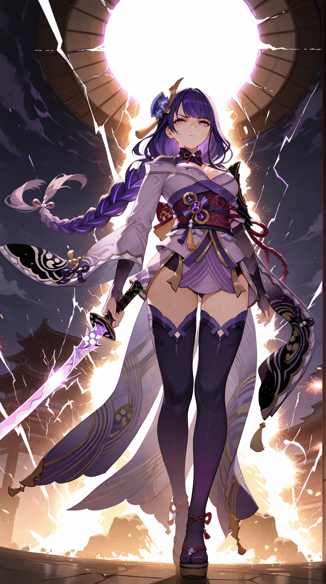 masterpiece, best quality, Raiden Shogun (Genshin Impact), solo, full body, low angle, dynamic composition,
purple hair, long braid, sharp eyes, glowing katana,
holding sword with one hand, sword emerging from , lightning energy,
traditional Japanese fantasy outfit, purple and gold ornaments, dramatic glowing background,
slightly lifted by sword, glowing divine aura, electric sparks, cinematic lighting,
light burst from , wind-blown hair and cloth, serious expression, confident stance