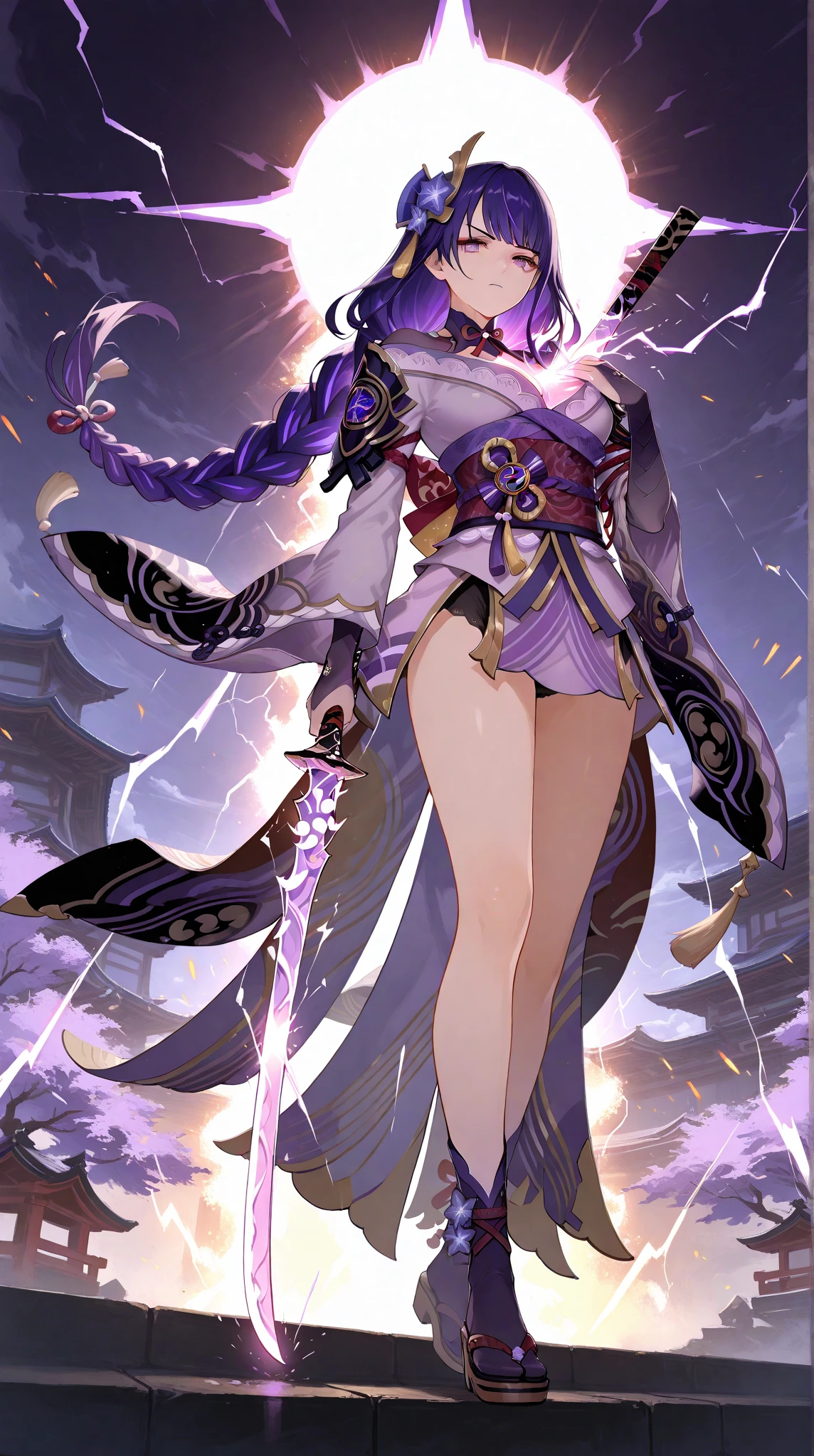 masterpiece, best quality, Raiden Shogun (Genshin Impact), solo, full body, low angle, dynamic composition,
purple hair, long braid, sharp eyes, glowing katana,
holding sword with one hand, sword emerging from , lightning energy,
traditional Japanese fantasy outfit, purple and gold ornaments, dramatic glowing background,
slightly lifted by sword, glowing divine aura, electric sparks, cinematic lighting,
light burst from , wind-blown hair and cloth, serious expression, confident stance