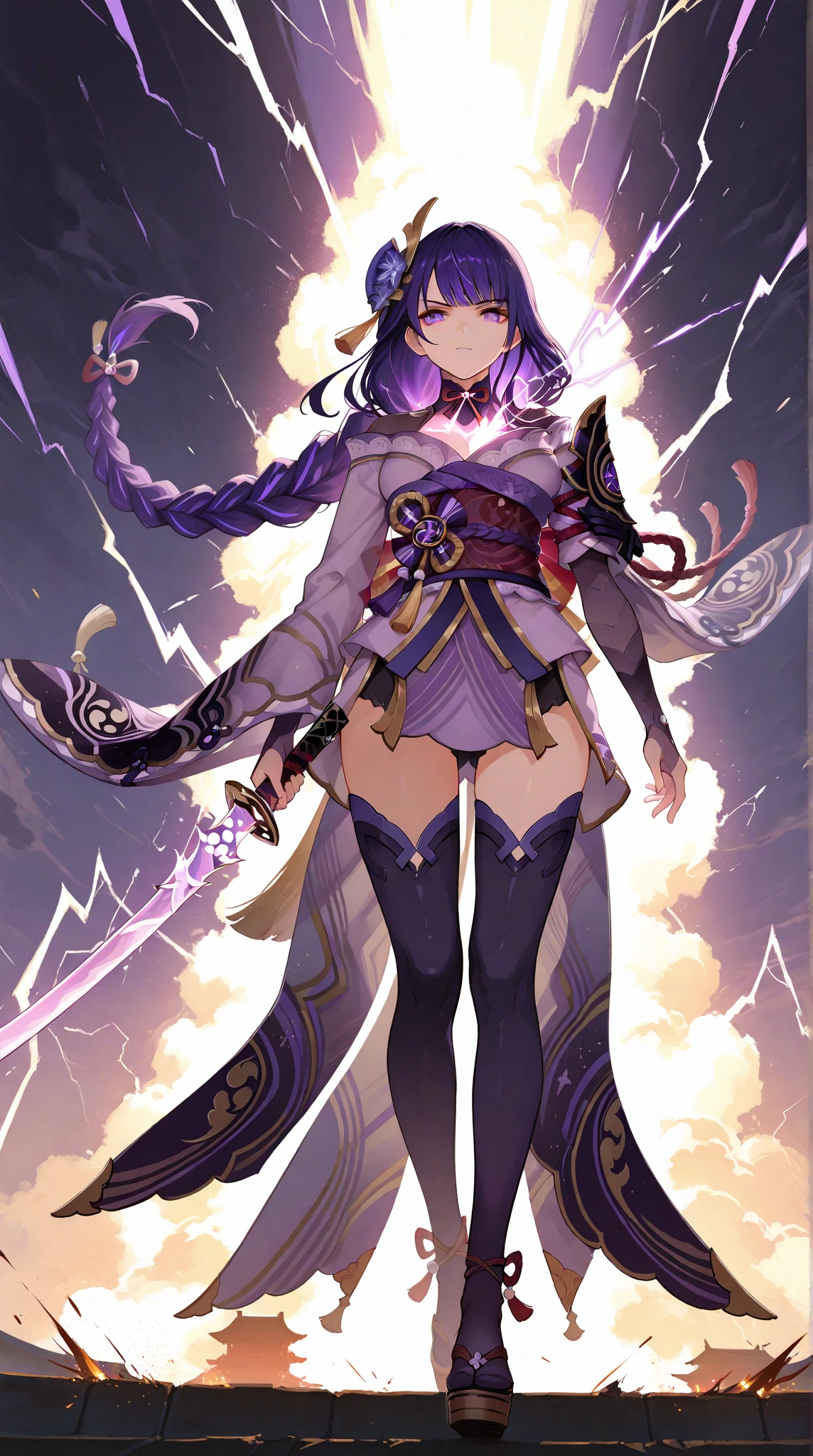masterpiece, best quality, Raiden Shogun (Genshin Impact), solo, full body, low angle, dynamic composition,
purple hair, long braid, sharp eyes, glowing katana,
holding sword with one hand, sword emerging from , lightning energy,
traditional Japanese fantasy outfit, purple and gold ornaments, dramatic glowing background,
slightly lifted by sword, glowing divine aura, electric sparks, cinematic lighting,
light burst from , wind-blown hair and cloth, serious expression, confident stance