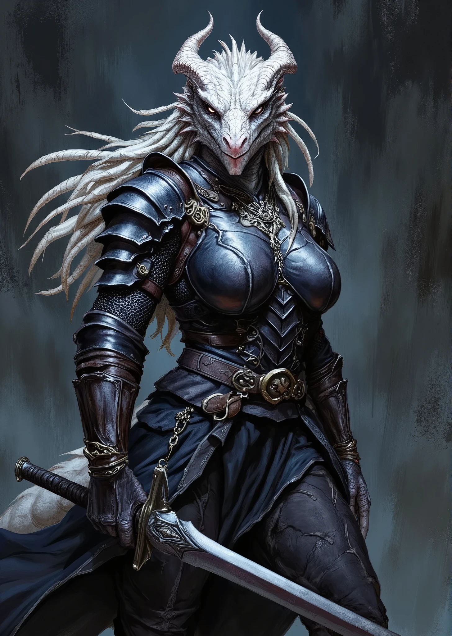 An extremely detailed comic book illustration of an extremely curvaceous Chromatic White Dragonborn from Dungeons and Dragons which look like wingless bipedal dragons scaly bright-eyed and thick-boned with horns on their heads with a white coloration trained as a Dungeons and Dragons Monk following the Way of the Shadow Warrior taught to use rigorous combat training and mental discipline to align themselves with the natural balance of the multiverse and focus their internal reservoirs of power before channeling it into a striking display of martial prowess creating extraordinary even supernatural effects wears a fitted dark tunic that hugs her torso allowing for ease of movement made of durable yet lightweight material perfect for quick agile maneuvers with sheer sleeves that are slightly puffed at the shoulders but taper down to fit snugly at the wrists with her forearms adorned with sleek protective armguards that are both stylish and functional made of dark leather and are embossed with intricate designs over fitted sheer trousers that are made from a flexible material allowing for silent movement in a dark shade complementing the overall stealthy look and reinforced at the knees for added protection during agile actions wearing a sturdy belt cinched at her waist featuring multiple small pouches and compartments and fingerless gloves that enhance her grip and dexterity made of a similar material as her armguards in an art style inspired by Frank Miller and Conan the Barbarian. The Background is awash in dark moody textured brushstrokes of mystical shades. Standing in a dynamic action pose. Trending on Art Station.