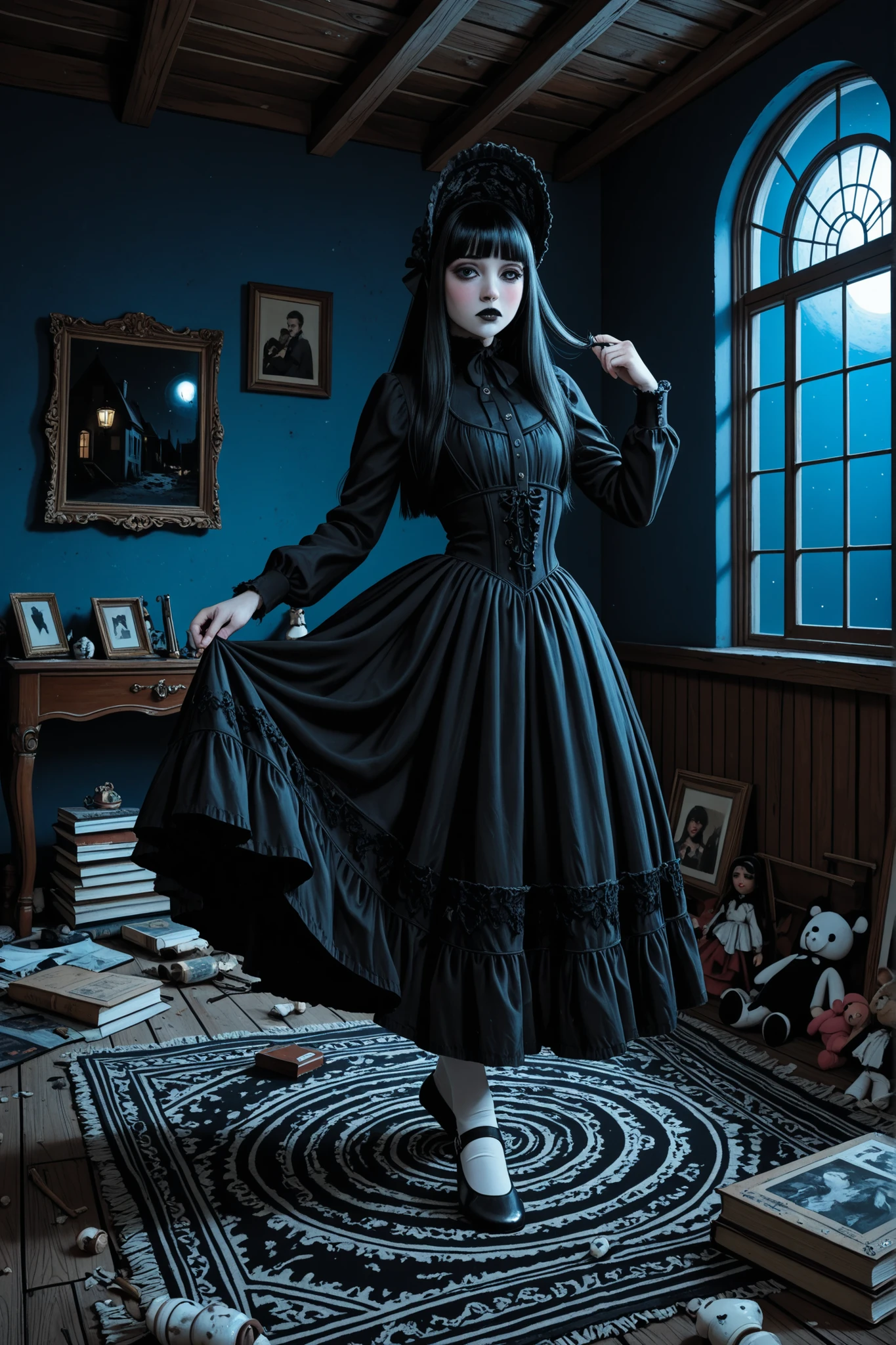 masterpiece, best quality, amazing quality, very aesthetic, absurdres, traditional media, oil painting (medium), impressionism, indoors, ((dark)), night time, dim lighting, cool lighting, blue theme, black theme, victorian, gothic, dark room, Attic, ceiling beams, circular window, moonbeams, solo, 1girl, petite, pale skin, porcelain skin, black eyes, black lips, expressionless, blush, black hair, long hair, blunt bangs, gothic ta fashion, black lace bonnet, black ballgown, long skirt, long sleeves, white stockings, black footwear, ballet flats, doll joints, dancing, twirling, wooden floor, rug, dusty, dirty, ((clutter)), messy, ((cobwebs)), stack of books, toys, dolls, stuffed animals,