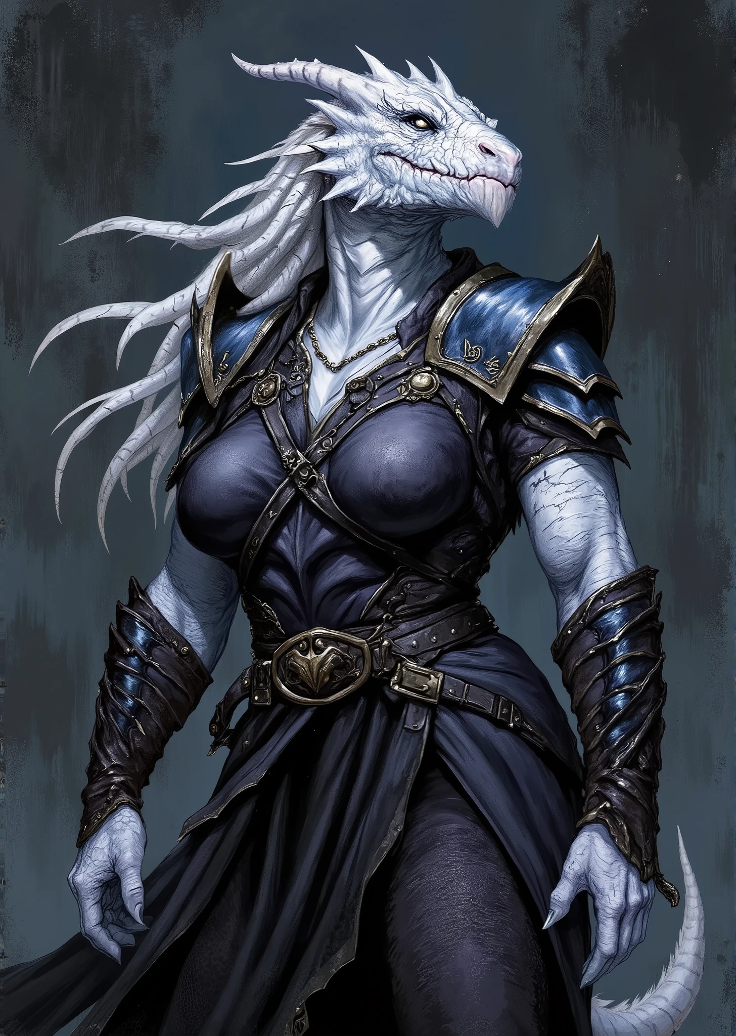 An extremely detailed comic book illustration of an extremely curvaceous Chromatic White Dragonborn from Dungeons and Dragons which look like wingless bipedal dragons scaly bright-eyed and thick-boned with horns on their heads with a white coloration trained as a Dungeons and Dragons Monk following the Way of the Shadow Warrior taught to use rigorous combat training and mental discipline to align themselves with the natural balance of the multiverse and focus their internal reservoirs of power before channeling it into a striking display of martial prowess creating extraordinary even supernatural effects wears a fitted dark tunic that hugs her torso allowing for ease of movement made of durable yet lightweight material perfect for quick agile maneuvers with sheer sleeves that are slightly puffed at the shoulders but taper down to fit snugly at the wrists with her forearms adorned with sleek protective armguards that are both stylish and functional made of dark leather and are embossed with intricate designs over fitted sheer trousers that are made from a flexible material allowing for silent movement in a dark shade complementing the overall stealthy look and reinforced at the knees for added protection during agile actions wearing a sturdy belt cinched at her waist featuring multiple small pouches and compartments and fingerless gloves that enhance her grip and dexterity made of a similar material as her armguards in an art style inspired by Frank Miller and Conan the Barbarian. The Background is awash in dark moody textured brushstrokes of mystical shades. Standing in a dynamic action pose. Trending on Art Station.