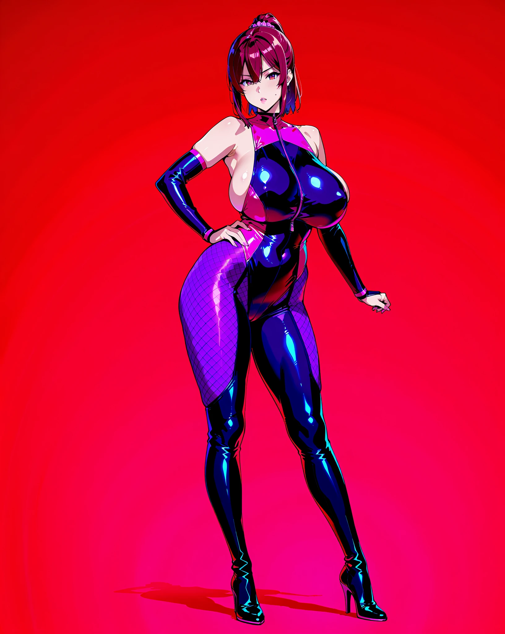 Highest quality, masterpiece, One girl , Makoto Harada, Brown Hair, Green Eyes (Pink bodysuit:1.1), belt, Thigh-high boots, Big Breasts, High leg leotard,Puffy nipples、Well defined nipples
