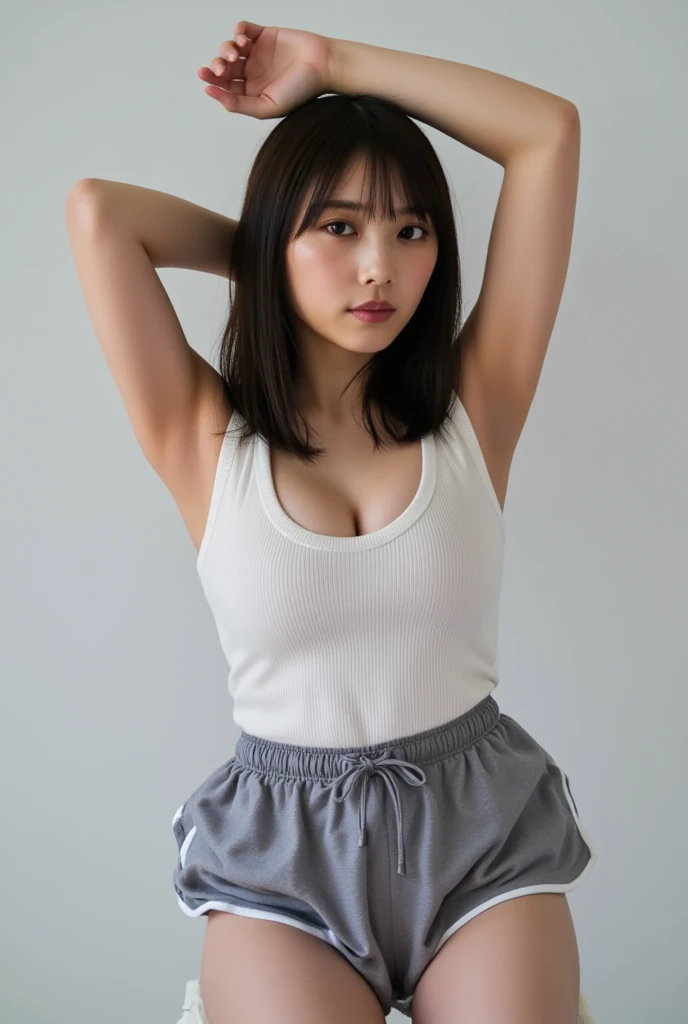 (((Female climber competing in Olympic bouldering competition))),(((Perfect Anatomyに基づいた余分な関節の無い四肢を丁寧に壁の上から登っているところを4K描写する))),(((Shiho is taking part in a bouldering competition in Paris, where participants use their hands and feet to tackle the many colorful holds attached to a 20-meter-high artificial wall using only their bare hands and climbing shoes.))),A large special stadium with seating and packed with spectators,(A young and beautiful bouldering athlete uses her well-trained limbs to climb the wall in order to reach the top),The overwhelming presence of artificial walls,(((A Japanese national team player with a beautiful, slim waist, long limbs and a coke bottle body looks up at the wall))),(((She is wearing a tight tankini, knee-length spats, and bouldering shoes.,(((One is secured by connecting a fall prevention belt around the waist to a harness hanging from above.))),(((The well-toned, muscular shoulders and upper arms are a sure sign of his upcoming summit.))),Wild movements and mannerisms,Facing the wall, you grab hold of the protrusions with your hands and feet and try to climb to the top.,A beautiful and elegant bouldering athlete who hates to lose,The audience held their breath and looked up as if praying.,Perfect Anatomyに基づいた四肢を丁寧に描写する:1.6,Urzan-6500,Hasselblad produces deep depth of field for beautiful background bokeh,masterpiece,Highest quality,Ultra-high resolution,Highly detailed portrait,High nose and beautiful face,Model-like limbs,The necklace shines brightly on her fair neck,((4K shooting captured the essence of the action with a vertical angle looking down from above the wall, including the background)),Cute 20 year old, (((The shiny chestnut colored asymmetrical short hair with a beautiful neckline is sexy.))),Long eyelashes, big eyes and double eyelids,((Glossy thick lips)),(((Perfect Anatomy))),