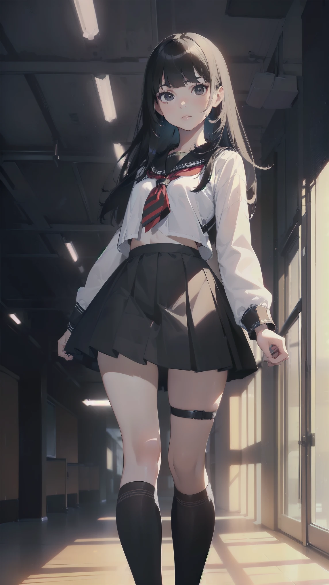 masterpiece, best quality, 1girl, solo, (Ilya Kuvshinov hairstyle), (sailor school uniform), ((top quality, ultra-detailed)), ((high resolution, extremely detailed CG, unity 8k wallpaper, by famous artist, perfect anatomy, super detailed skin, cinematic lighting, UHD, retina, anatomically correct, 1080P)), (Please draw a single one rude girl walking in a classroom school :1.3), ((1girl)), (Solo, face,:2.0), a high school student, ((full black hair)) ((long bob hairstyle)) ((blunt short bangs)) ((micro bangs with long hair)), ((long hair, straight hair fallen down and still hair)) Full limbs, complete fingers, ((perfect fingers, perfect arms)), ((detailed face)) ((gothic, intimidating girl, sadic face)), medium chest, medium butt, Beautiful detailed full black eyes, ((black eyes)) perfect eyes, (Detailed Lighting), (Detailed background), ((in the school zone)), full body view, standing, single girl (one girl), ((full body view)) ((Background is the school)), ((front body)), ((full body)) ((standing)) ((detailed perfect face)) ((classroom))