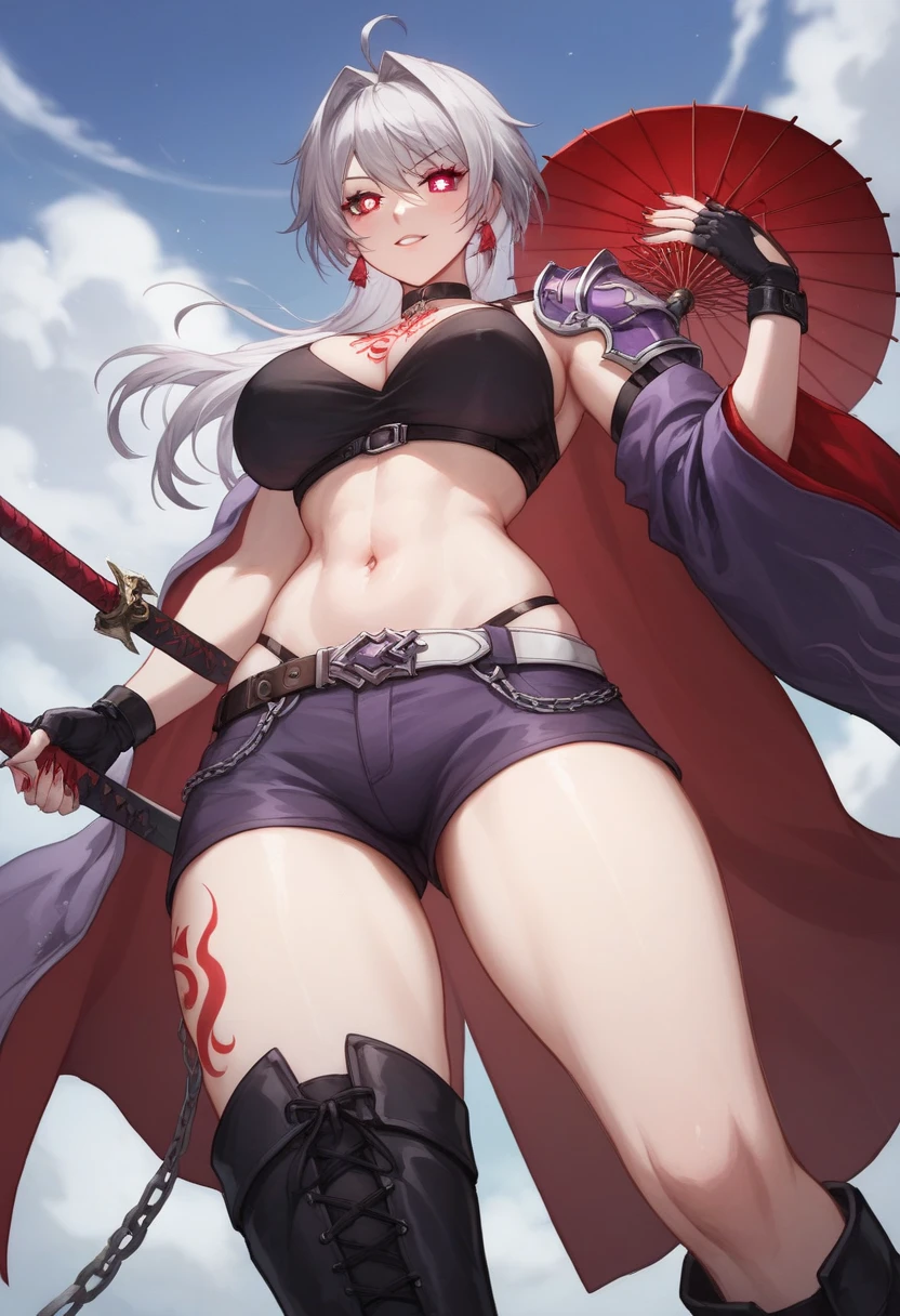 Highest quality、masterpiece、8k、Realistic、超High resolution、Very delicate and beautiful、High resolution、Fantasy World、Muscle Girl、Perfect female body、Beautiful woman、Mature Woman、Gray Hair、Medium Hair、Six Pack、Big muscles、Toned body、Large Breasts 、Cape、pants、boots、cigarette、Wild Pose、Full body emphasis、Simple Background、anger、Swordsman
