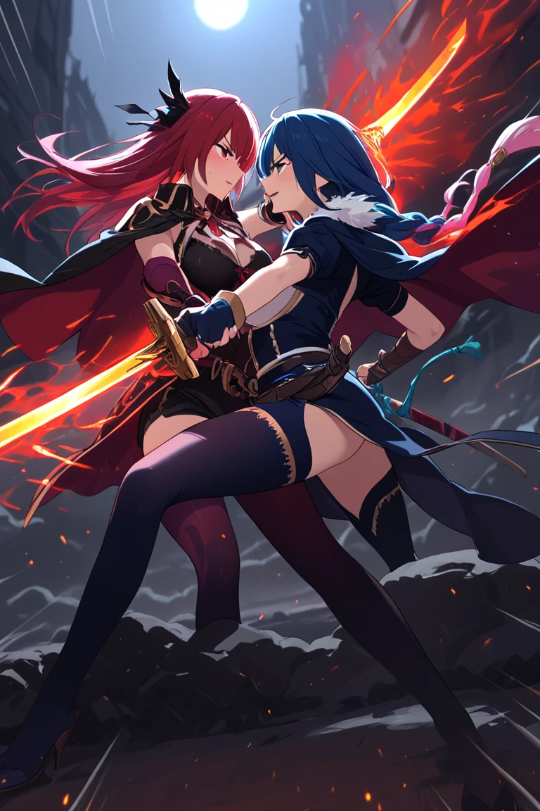 Make a gorgeous sexy, red-haired, blue-eyed woman in a warrior outfit unleashing a super magic from her sword against a gorgeous ninja in ruins of a castle, cores vibrantes, contraste e brilho perfeito, estilo cinema, 16k, super atraente