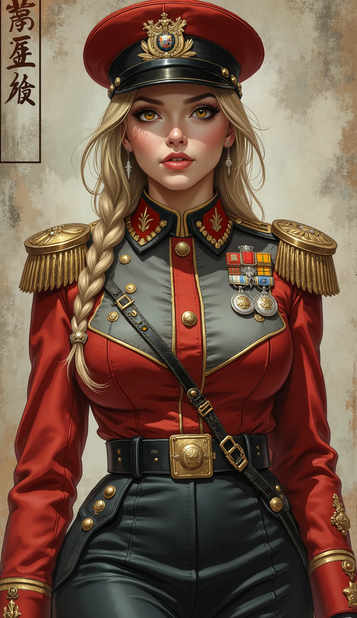 Detailed proportions and textures and multi-color with airbrushed brush strokes that presents a semi-realistic illustration in Chinese A beautiful and strong young woman in a steampunk and epic fantasy style military uniform where black-gray tones predominate, mixed with bright colors (full body, with a confident and daring stance, playful look, bright yellow-gold eyes, defined eyebrows, long eyelashes, perfect face, full lips, round and huge breasts, flat stomach, wide hips, thin waist, thick thighs), Her long, straight blonde hair is tied into a (long) braid that falls down her back. Her uniform consists of a red, grey and white shirt beautifully decorated with military orders, decorations and medals, a tight, high-waisted, knee-length pencil skirt and an officer's beret decorated with a military police badge. In the background is a recruitment poster for the army, all in a World War II style. The composition, halfway between vintage and Cybermpunk, of the overall image is a clean, sharp and high-quality masterpiece. very balanced saturation in the color palettes very defined (Color with monochorome intense shaded tones and shine, tone red 25% + yellow 25% + blue 25% + biofluorescent 12.5%+ transparencias 12.5%. Aesthetic fusion by (Fibonacci ratio. A poupée realiste of a young military girl. of a young military girl (Including a variety of pink skin and dark-beige tones that give it contrast and shine) character type. Fluid texture that gives the sensation of movement to the Thin, fine of leaves that moulds to the figure (her clothes with relief and folds give volume and depth to the character) style. Haute couture photoshoot (in high quality of full body). Sharp Highly Detailed Soft Focus, Approaching Perfection, Full HD 8K. High and Low Angles. of Coco Chanel, Gianni Versace, Alberto Vargas, Greg Rutkowsk art style fusion.