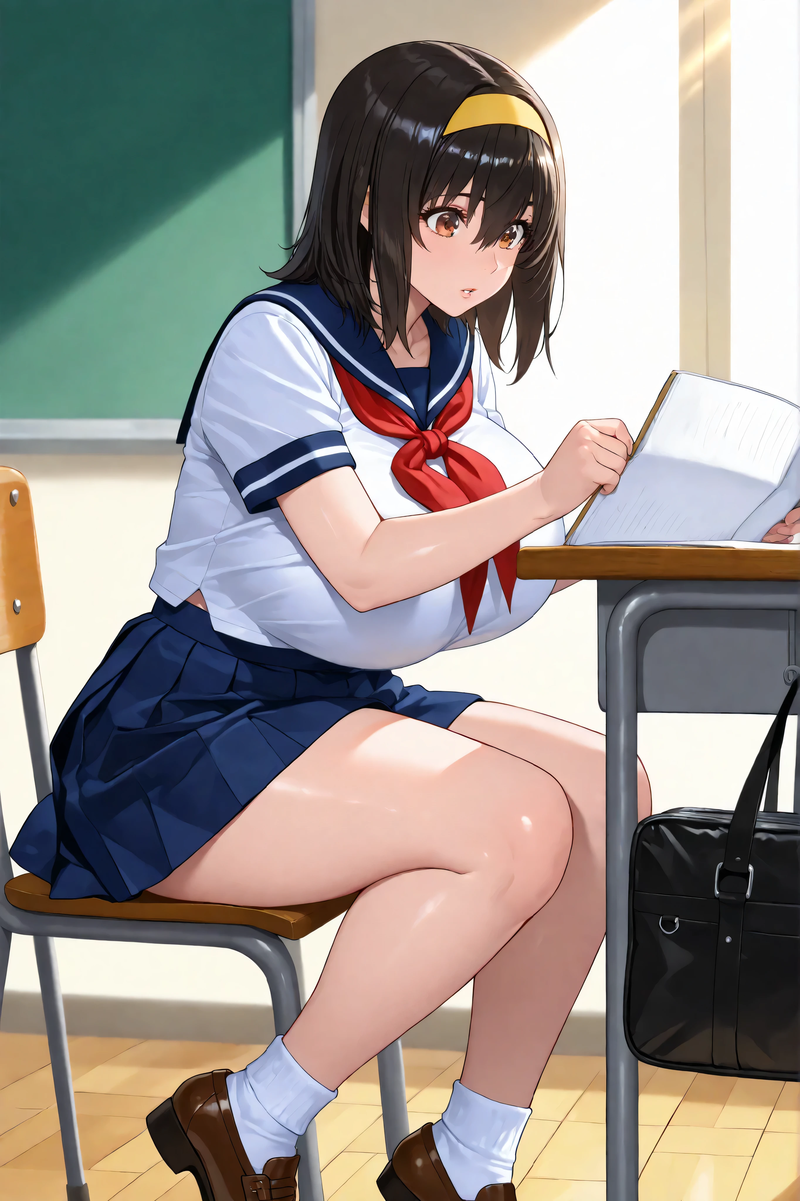 ((masterpiece:1.4, best quality)), ((masterpiece, best quality)),1girl,bishoujo,medium hair,straight hair,black hair,bangs between eyes,long sideburns,brown eyes,tareme,beautiful eyes,(long eyelashes),Curvy,Plump,bbw,huge breasts,huge hip,thick thighs,school uniform, sailor suit, traditional Japanese style with navy blue and white colors,red neckerchief,(blue pleated skirt),short sleeves,plain sleeve, white ankle socks,brown loafer,yellow hairband,black school bag,Classroom,from forward,sunbeam,sunlight,parted lips,reading textbook, holding textbook both hands,(sitting school chair Adjust school desk),background BLACKBoard,looking down,notebook on desk