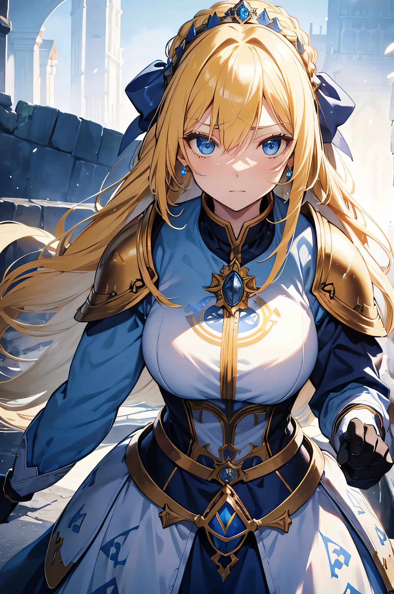 Blonde with huge breasts,Queen,Knight armor,blue skirt,thigh,,castle