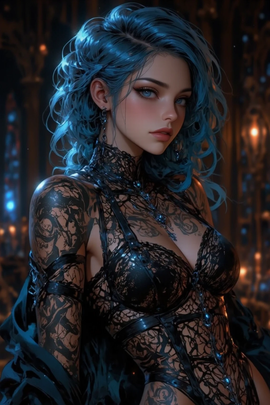 (Full body portrait:1.1), from below, ((necromancer)), full body portrait, rainbow hair high ponytail, sorceress, day of the dead bodypaint, ((spiked shoulder pauldrons:1.3)), wingless, scary detailed art in color, aroused slutty expression, pouting, busty, curvy hips, sexy, alluring, erotic posing with legs spread wide open((open legs)), ((dirty sheer lowleg panties)), perfect blue eyes, highly detailed fantasy art, beautiful fantasy art portrait, intricate detailed digital art, highly detailed digital painting, digital art fantasy art, mark brooks detailed, detailed fantasy digital art, amazing detail digital art, close-up portrait demoness skull, by Todd Lockwood, liquid metal girl