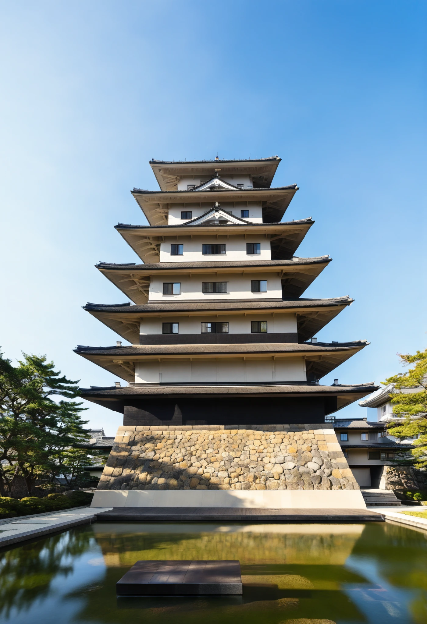 "A futuristic reinterpretation of Edo Castle with a prominent Bauhaus-style tenshu (Japanese castle tower), blending traditional multi-tiered pagoda-like structure with minimalist geometry, clean lines, and industrial materials like steel, concrete, and glass. The tenshu dominates the skyline with a harmonious fusion of Japanese roof curvature and flat Bauhaus planes. Surrounded by stone walls, a reflective moat, and modern Zen garden landscaping. Early morning sunlight, ultra-detailed, 8K resolution."