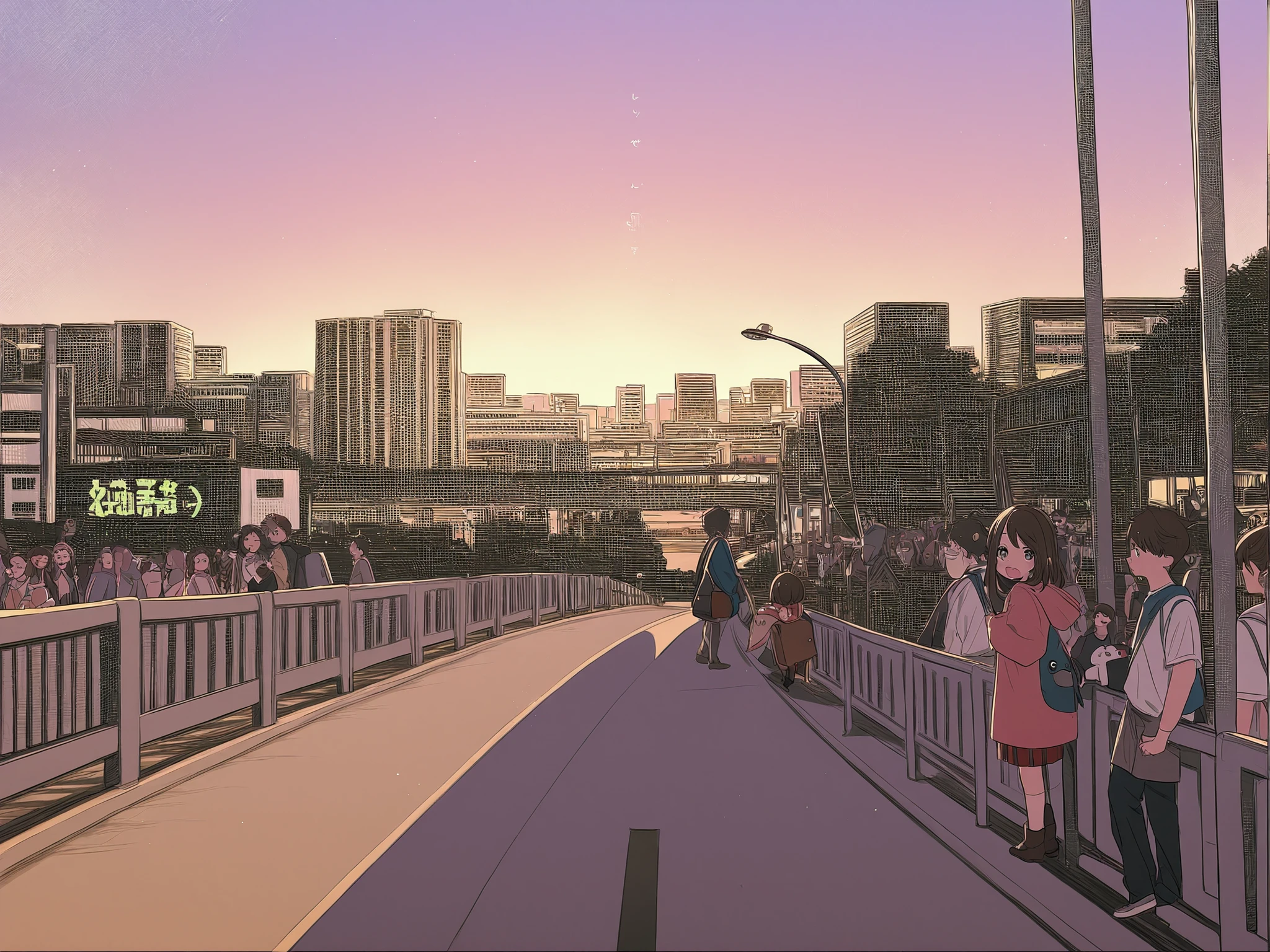 young and old in town、a lot of people、All smiles、Entire City 、simple、Thick lines