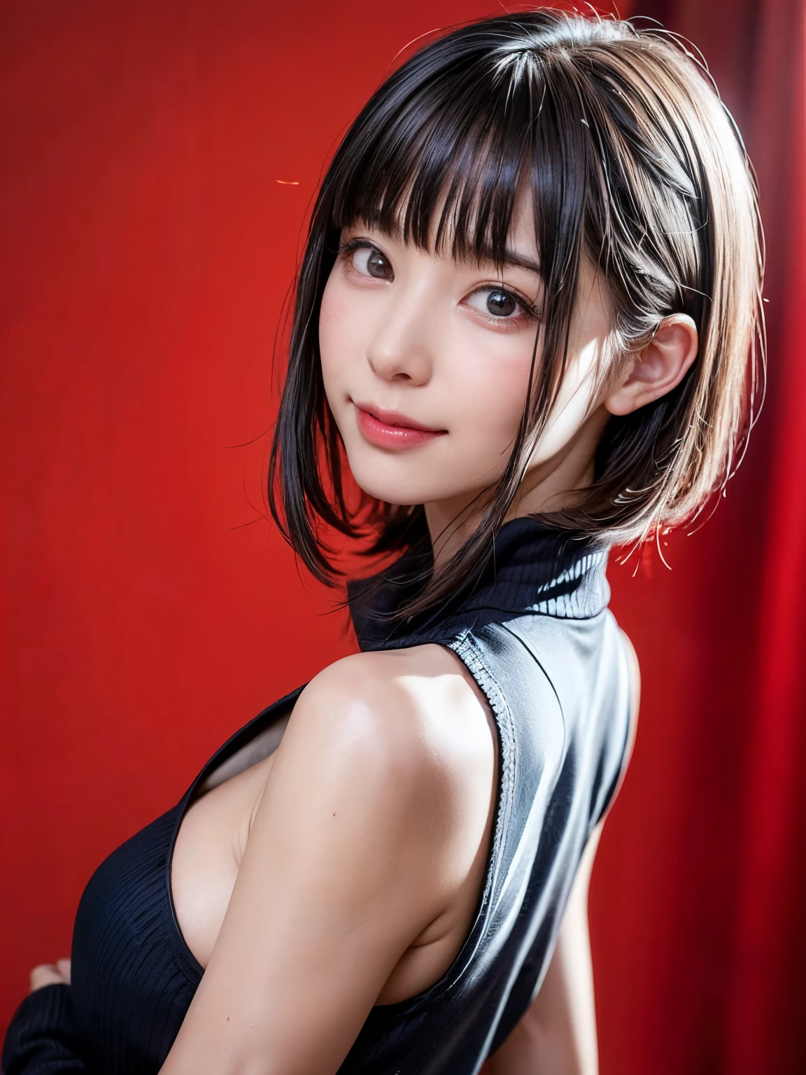 (table top, highest quality、High resolution:1.4、very attractive beauty、Adds intense highlights to the eyes、look closely at the camera:1.4、Beautiful woman full of charm、ideal body proportions、perfect anatomy、brunette short bob hair、shiny hair、bangs:1.4、光沢のあるbangs:1.4、lip gloss),1 girl, Report, light brown shiny hair, scarf,realistic, looking at the viewer、Please tilt your head slightly, bright colored crystal light blue eyes, short and shiny hair、 chest中央に穴の開いた白いタートルネックの衣装,chestの真ん中に丸い穴のあるセクシーな白いタートルネック ニット セーター、 lips, lip gloss, Upper body、Big eyes、eyelash、face is a little red、embarrassing)、((italian road in winter))、((short hair with Big eyess、Give your students very powerful highlights、{Huge|big|Hugeな|mega} chest:2、very bigger chest:2、look at the audience、very beautiful beauty、show me your ears、long neck、smile、smile、Happy、beautiful teeth、口を開いてsmile、heart shaped eyes))、28 years old、very cute super model、bangs:2、portrait