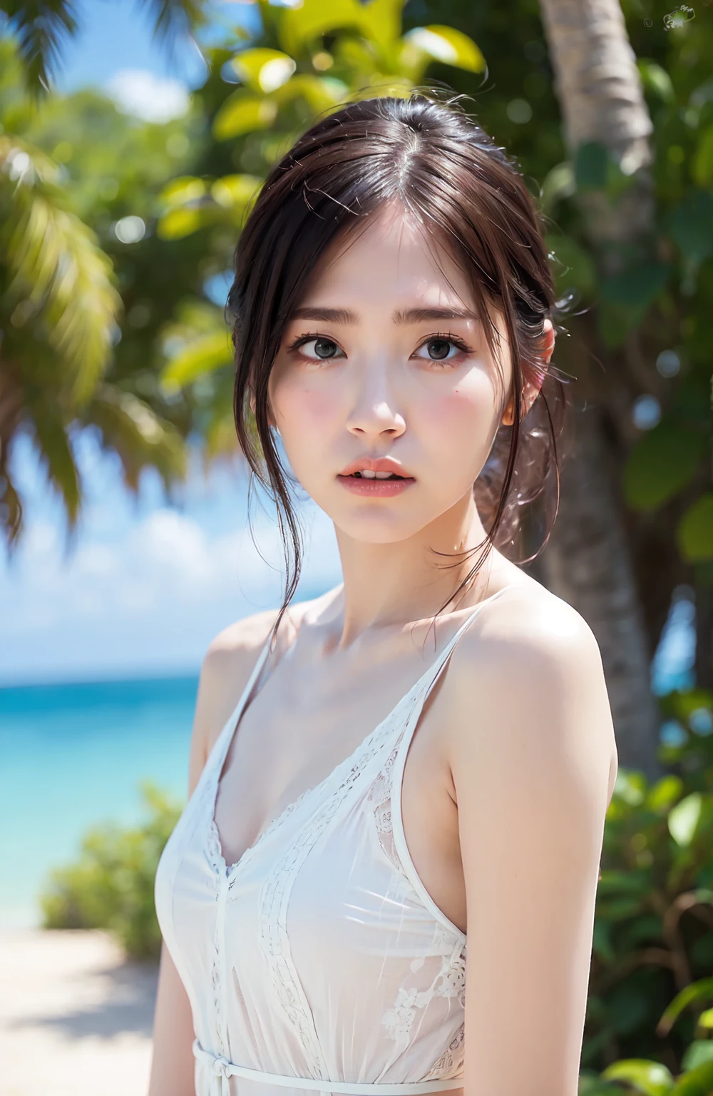 a lot of details, (slender waist), 30 years old, detailed black hair, beautiful detailed hair, super fucking beautiful, complex details beautiful and delicate eyes, perfect hands, (small breasts best quality), perfect and delicate limbs, detailed skin, best quality, ultra-detailed,
a girl is walking in front of a delicate and beautiful moon-blue sky, full body, Top view, ^ ^, no bra, white skirt, zero gravity,