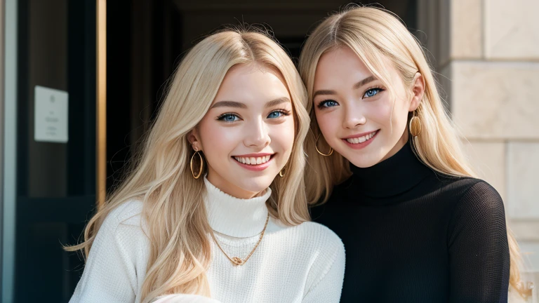 platinum blonde hairの若い白人美女2人、Stand apart、big blue eyes、Two Blonde Beauties with Big Blue Eyes Open and Smiling、seductive expression、若くて美しい18歳の金髪美女2人がStand apart、Bauhaus background、smile、Gorgeous Gold Earrings、Gorgeous Gold Necklaces、18-year-old wealthy white beauty wearing long-sleeve Bauhaus suit、Beautiful, Young and Beautiful White Women with Gorgeous Faces 2 People laugh,high neck with collar zipper closed to neck、Black High Neck Design、wearing a high neck black protector that completely covers her whole body、 gorgeous faces near royal castlesの若くて美しい白人美女2人が笑う、18 year old blonde beauty opens her mouth and laughs、18-year-old white beauty staring at Bauhaus design、 gorgeous faces near royal castles、Face like a French doll、 Beautiful French Woman 、smile、上品なsmile,、realistic textured skin、Business Ads、photo shoot、  Blue Nail Polish 、platinum blonde hair、Twin Blonde Beauties、Blue Eyes Are Moisturizing、laughs happily、Captivating blue eyes、16k,UHD,High Quality、Business Ads、広告photo shoot、real photo、focus on 2 beautiful blonde girls in the frame, Taken from a Distance 、 shoot away、full body shot