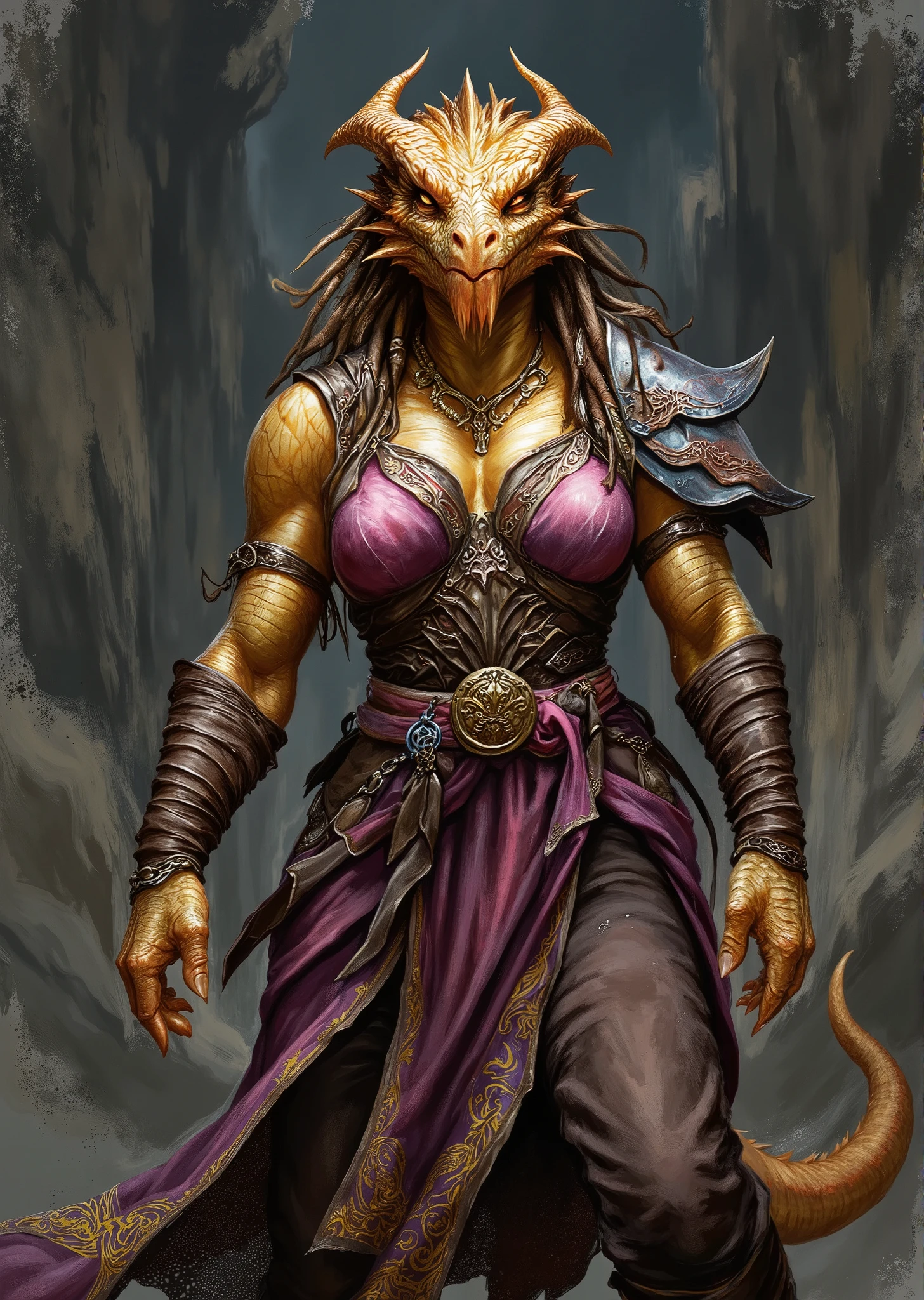 An extremely detailed comic book illustration of an extremely curvaceous Metallic Gold Dragonborn from Dungeons and Dragons which look like wingless bipedal dragons scaly bright-eyed and thick-boned with horns on their heads with a gold coloration trained as a Dungeons and Dragons Monk following the Way of the Open Hand taught to use rigorous combat training and mental discipline to align themselves with the natural balance of the multiverse and focus their internal reservoirs of power before channeling it into a striking display of martial prowess creating extraordinary even supernatural effects wearing a fitted sleeveless sheer top featuring decorative patterns along the edges wearing a wide sash that cinches her outfit and enhances her silhouette the sash is colorful and is adorned with intricate designs adding a vibrant contrast to her attire with sheer trousers that are loose-fitting and comfortable made from a lightweight fabric in a darker shade than her top with a wide cut that allows for fluid movement adorned with decorative trim enhancing the overall aesthetic under leg wraps that extend from her knees down to her ankles creating a visually dynamic look in contrasting colors featuring patterns that mirror those on her top and sash while her forearms are wrapped in fabric providing both protection and style in colors that complement her outfit adding to her overall dynamic appearance wearing jewelry including earrings adding a touch of elegance and artistry to her fierce persona in an art style inspired by Frank Miller and Conan the Barbarian. The Background is awash in dark moody textured brushstrokes of natural shades. Standing in a dynamic action pose. Trending on Art Station.
