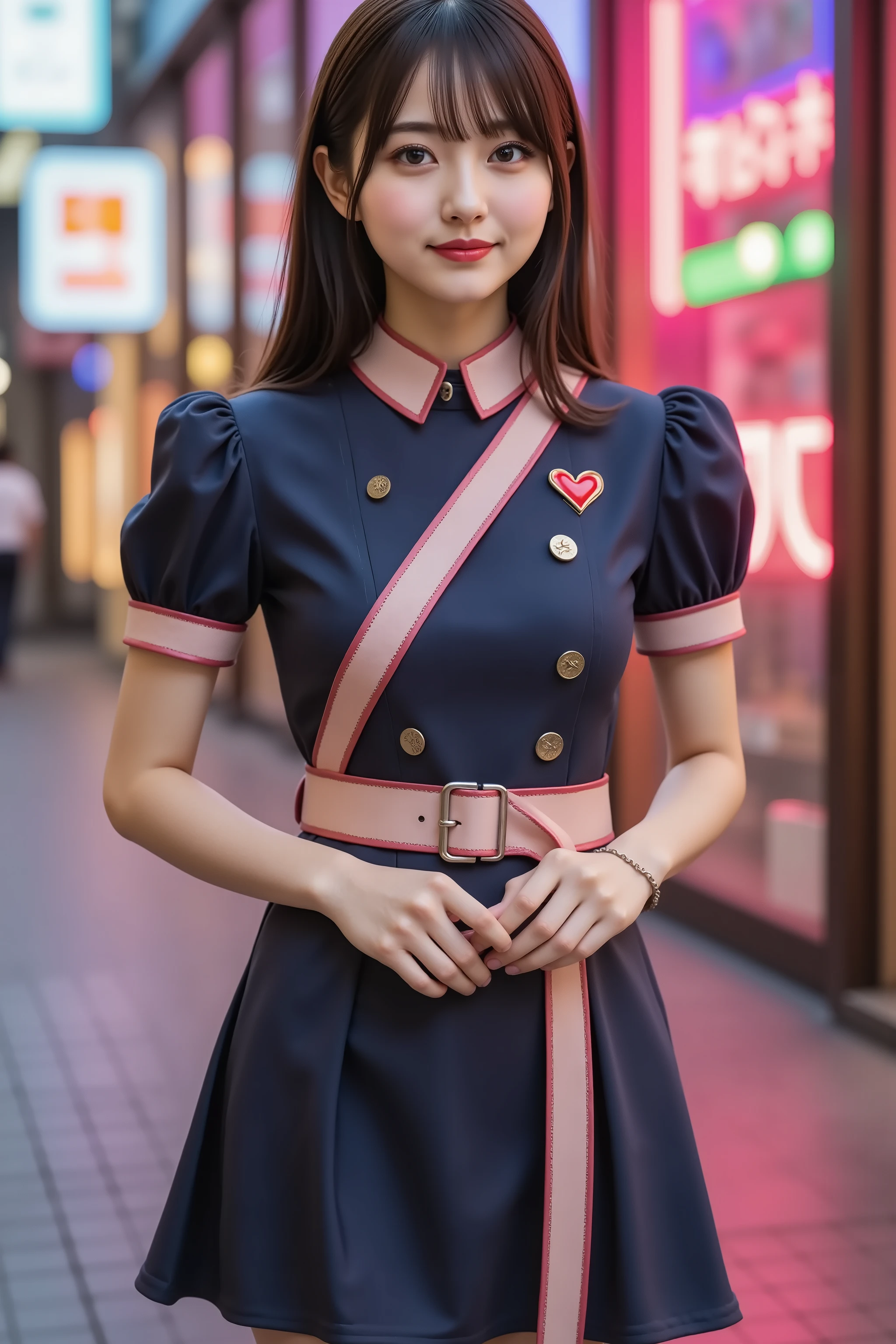 firm breast, by adjusting the framing so the subject's full head is visible within the composition, a highly detailed and realistic digital illustration of a female character in a stylized military-inspired fantasy outfit, realistic upper‑body portrait photograph framed just below the shoulders so entire head remains within frame with slight headroom, single subject standing in a neon‑washed downtown avenue after dark. Describe wardrobe, accessories, lighting, and environment only; exclude any reference to hair color, hairstyle, anime, or cartoon. Attire: midnight‑navy short‑sleeve military‑inspired mini dress crafted from satin‑finish synthetic twill, a subtle sheen catching pockets of streetlight. Bodice cut diagonally in a crossover double‑breasted style fastened by two vertical rows of matte brass buttons, edges bound in cotton‑candy‑pink grosgrain tape that continues downward as a crisp stripe terminating near the hem. Puff sleeves gathered into slim elastic cuffs trimmed with matching pink ruffle. Minimalist mandarin collar rings the neckline, its blush lining revealed along the seam. On the left chest sits a stylized embroidered heart patch in bubble‑gum pink, layered under a glossy enamel winged‑heart pin. Waist cinched by a wide blush leather utility belt pierced by twin rows of gunmetal eyelets, double‑prong buckle centred, tail neatly threaded through a stitched keeper. Skirt flares into a structured circle silhouette, lightweight interlining providing bounce; hem finished with the same pink piping, subtle ripples forming as fabric breathes in evening breeze. Hands meet at midline: right index hooks belt tongue, left relaxed below; wrists wrapped in slim blush wristbands secured by Velcro tabs and micro D‑rings. Legs clad in translucent smoke‑gray matte tights that mirror surrounding purple street glow. No other jewellery present. Environment: busy pedestrian street flanked by retro shopfronts and towering billboards; saturated magenta, cyan, and amber LE