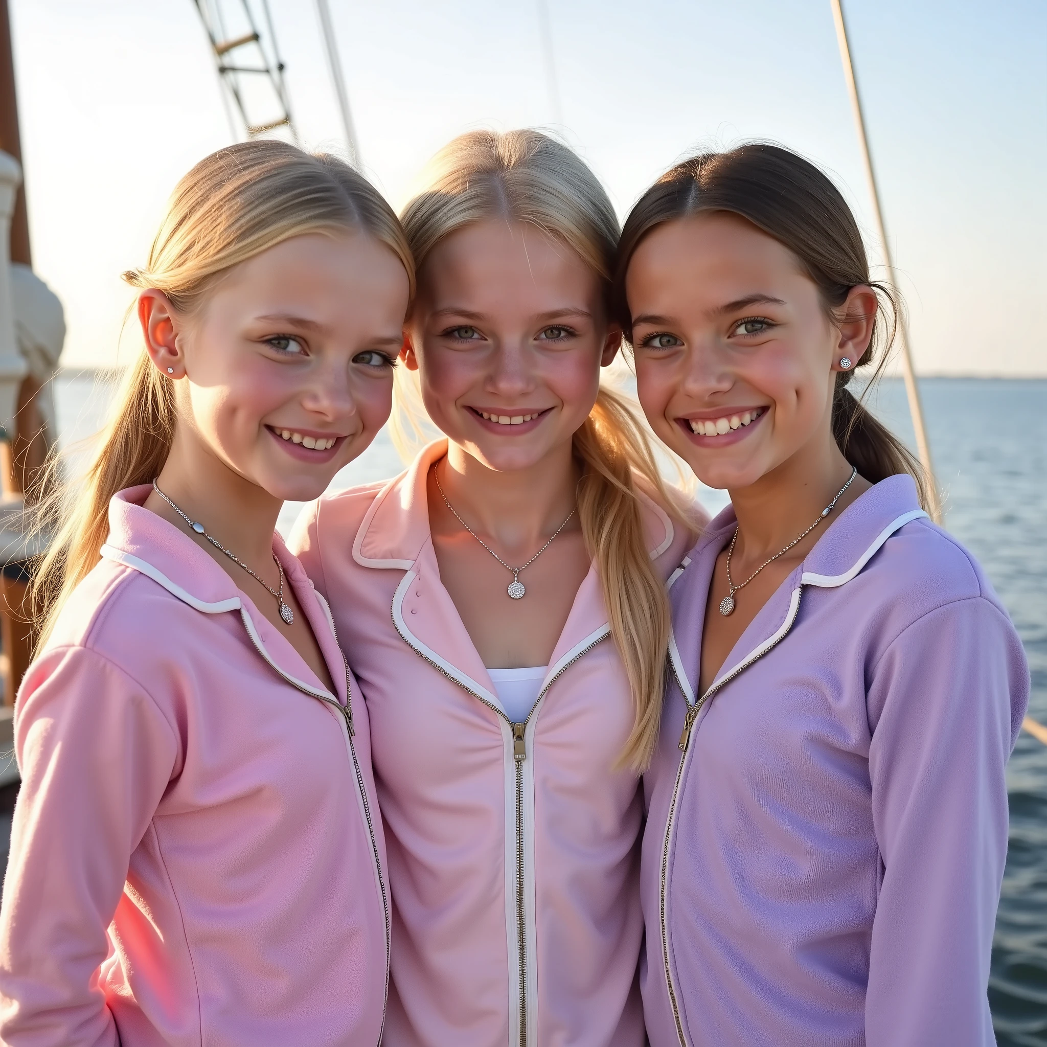 three cute and beautiful blonde and brunette Slavic girls with diaphonous hair in ponytails and luminescent soft pale skin glowing in the sunlight, smiling, attractive, curious, blushing, appear to be around eighteen, wearing various diamond necklaces proudly, demonstrating their value smiling and standing confidently on the bow of a large wooden boat out at sea; vying for attention, wearing light pink and light purple cotton fuzzy pajamas with big zippers