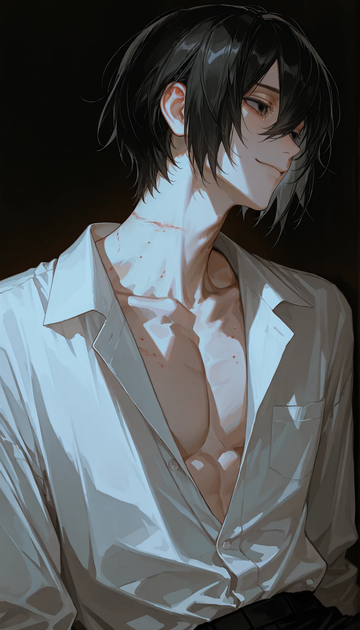 1male,solo, alone,adult,black hair,sexx,gloomy mood,white business shirt,loose shirt,handsome,fair-skinned,ephemeral,hickey on the neck,(front view),dark background, (short hair), head slightly turned away, muscular, small smile, black eyes, teary eyes