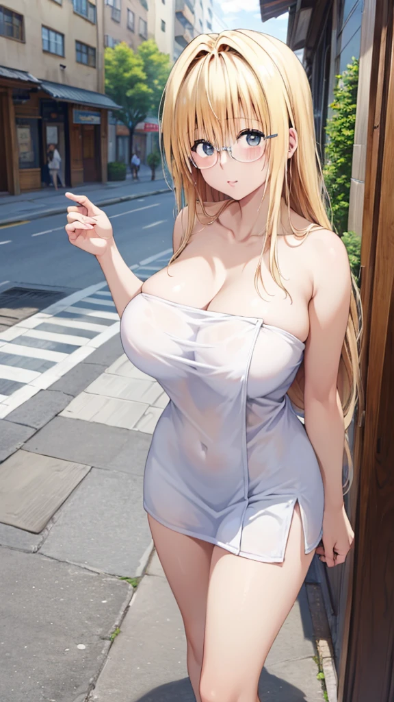 Expressive eyes, (((1 girl))), ((anime)), (blonde, Long Hair,), (blue eyes), (Half closed eyes), ((Very large breasts)), ((Areola)), ((Cleavage)),(Exposed breasts), ((Exposed thighs)),((nude,No underwear)),((shirt,See-through)), ((Female organ)), ((Blunt bangs)), ((Western-style building,corridor)), Captivating smile, Princess Cut, Shiny Hair,,(masterpiece), Anatomically correct art, Very detailed, Advanced Details, high quality, 最high quality, High resolution, 4K, 8k,