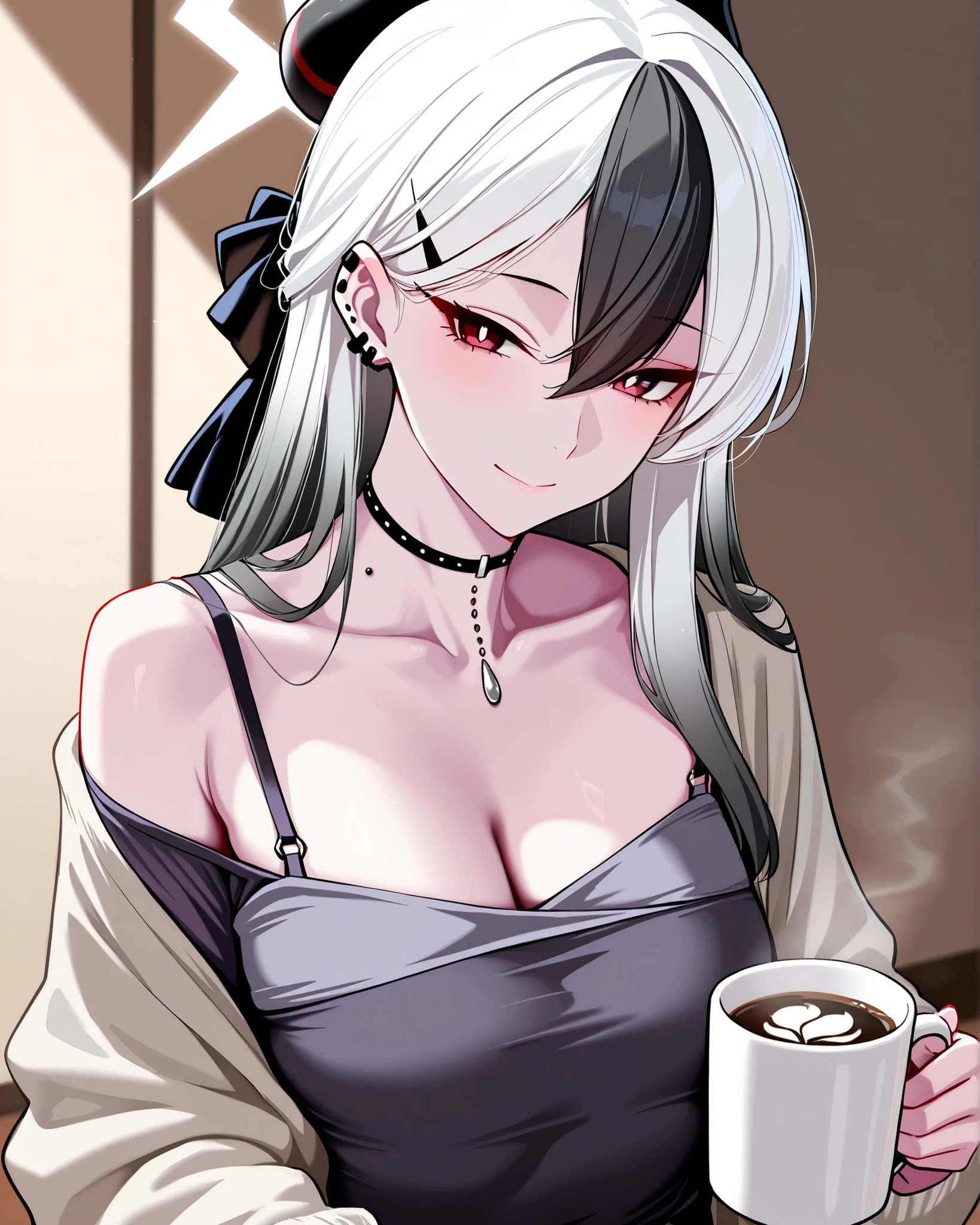 masterpiece,best quality,1 girl, Kayoko_\(green_Archives\), blind, cup, solo, multicolored_hair, red_eye, black_hair, choker, holding from uniform, holding from uniform_cup, looking_in_viewer, two tone_hair, white_hair, coffee, piercing, horn, _piercing, chest, length_hair, coffee_Mug, smile, 前hair, clip, small_chest, Mug, open_Clothes, clavicle, black_choker, shirt, off_shoulder, halo, white_shirt, green