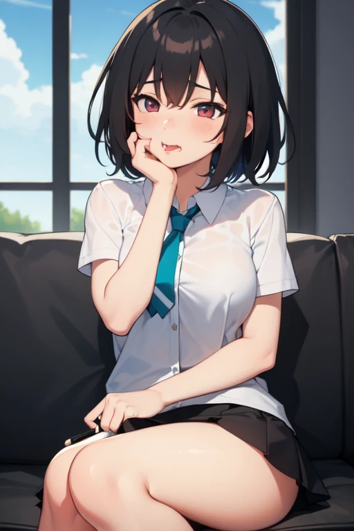 whole body, delicate facial features, big tits, medium hair, black hair, tearful mole, earring, golf uniform,