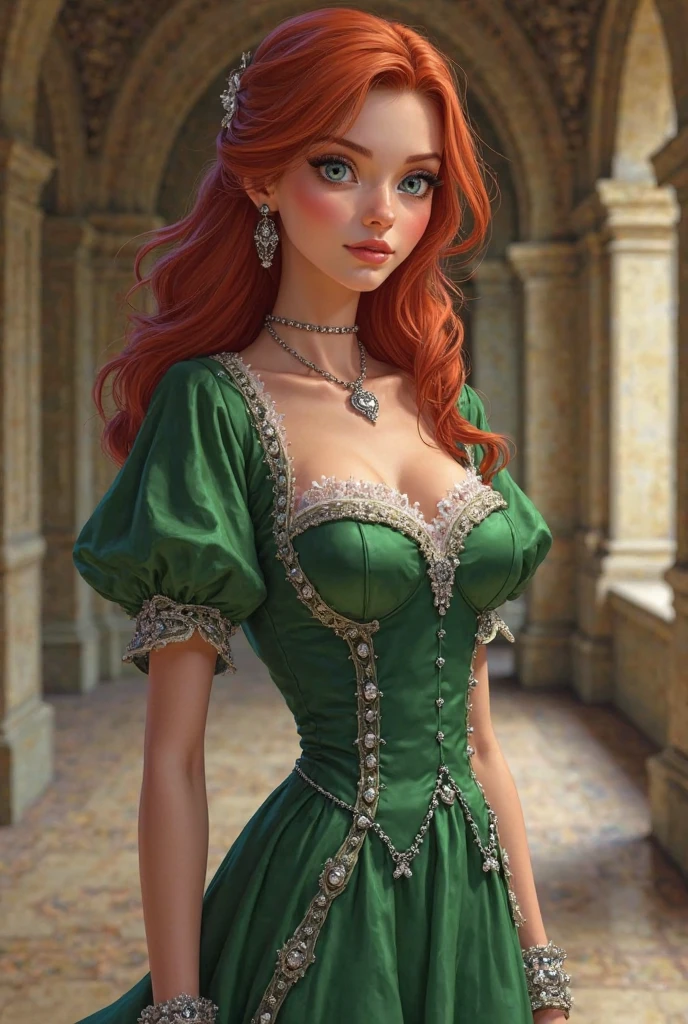 ((best quality)), ((masterpiece)), (detailed), curvy redhead girl, light red hair, short curly hair, one green eye, one blue eye, green dress, modern, long sleeves, circle skirt, fitted at the waist, built-in corset