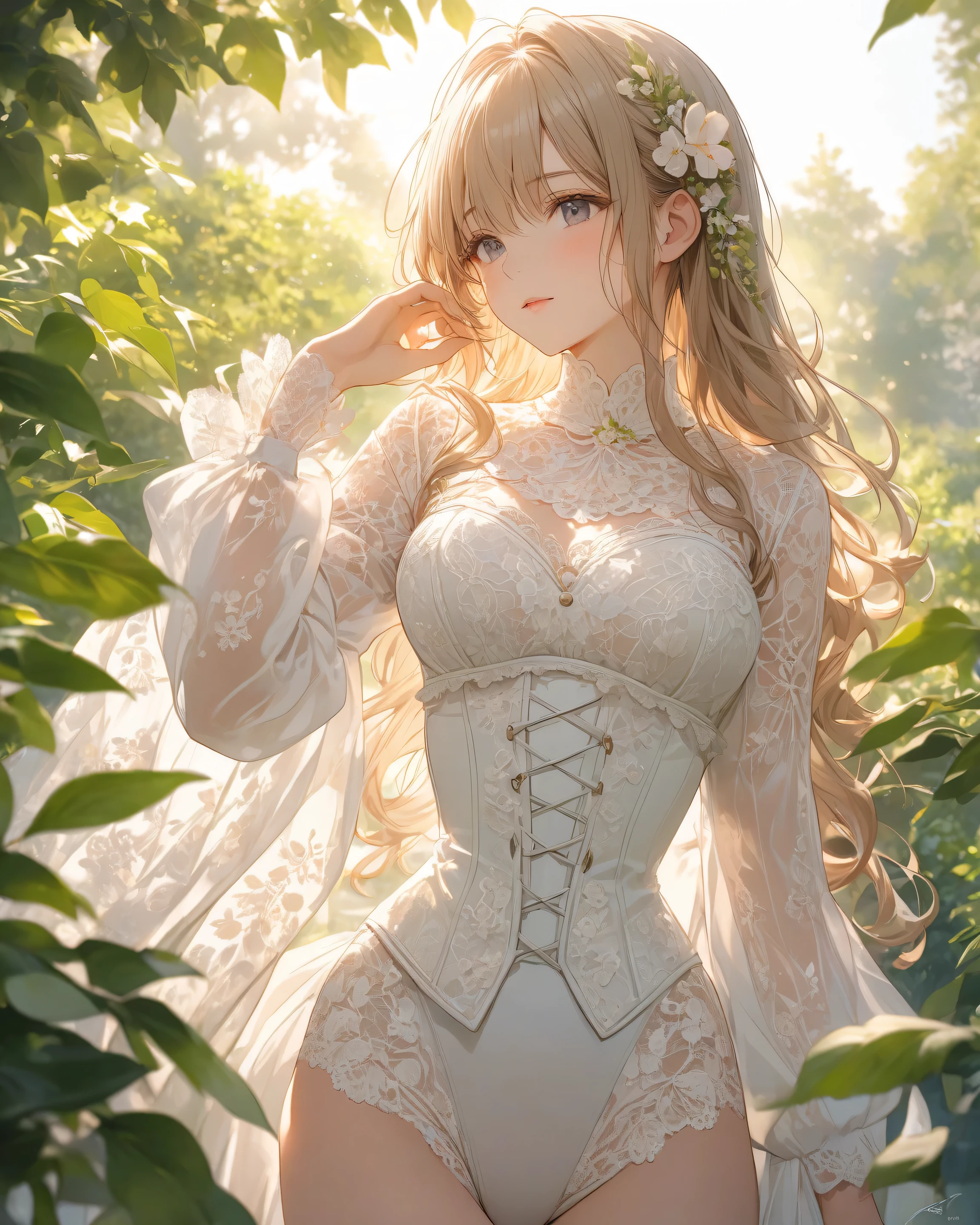 Long Wavy Hair, corolla, intricate white lace leotard, Detailed Embroidery, corset-style bodice, Long sheer sleeves, Delicate floral pattern, relaxed posture, gently layered in front, outdoor garden setting, Lush greenery, sunlight shining through the leaf, soft natural light, romantic and quiet vibe, Cover your face with a slightly angled, Decorated with、sharpens focus on subjects with blurred backgrounds, balanced exposure、sword、knife