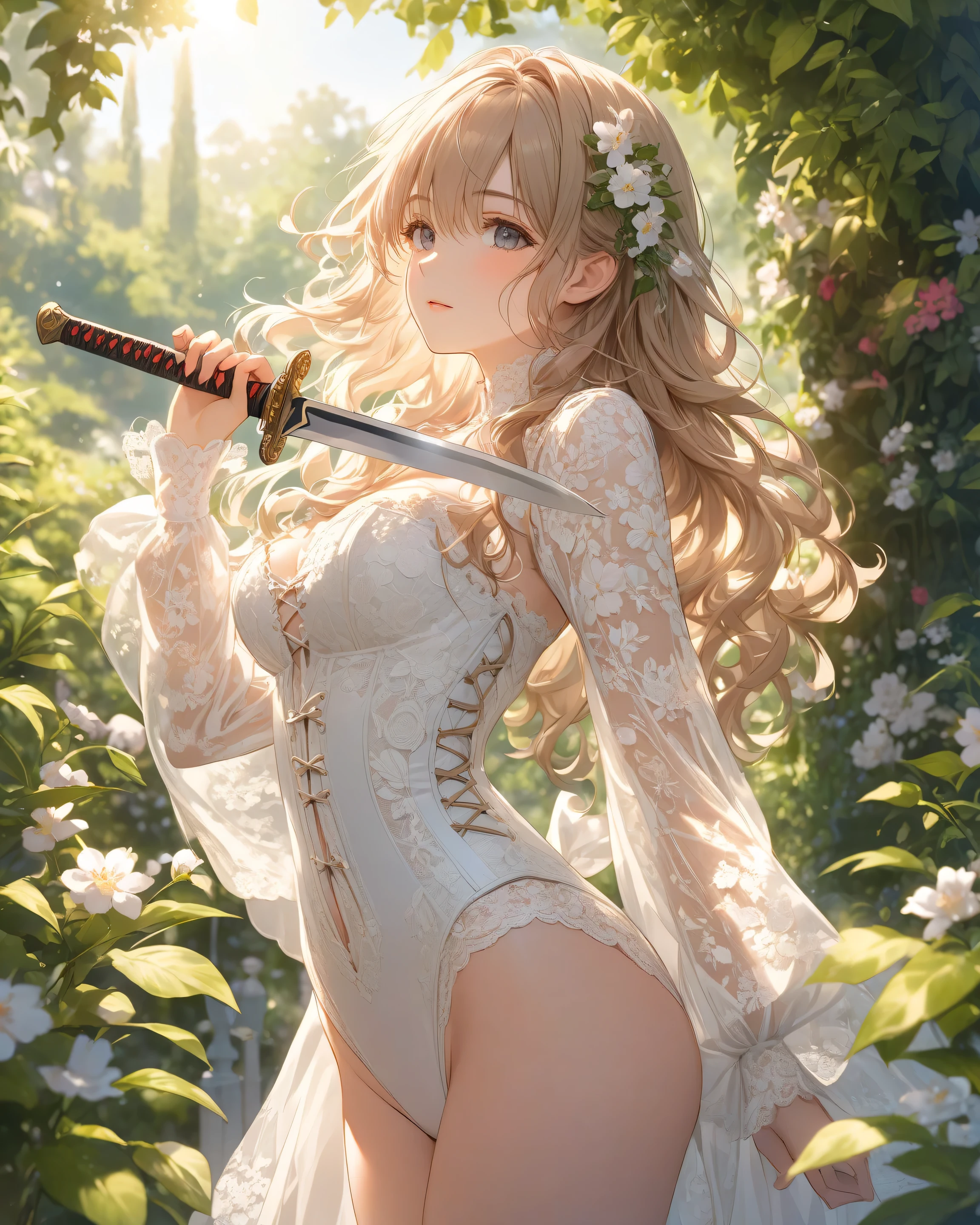Long Wavy Hair, corolla, intricate white lace leotard, Detailed Embroidery, corset-style bodice, Long sheer sleeves, Delicate floral pattern, relaxed posture, gently layered in front, outdoor garden setting, Lush greenery, sunlight shining through the leaf, soft natural light, romantic and quiet vibe, Cover your face with a slightly angled, Decorated with、sharpens focus on subjects with blurred backgrounds, balanced exposure、sword、knife
