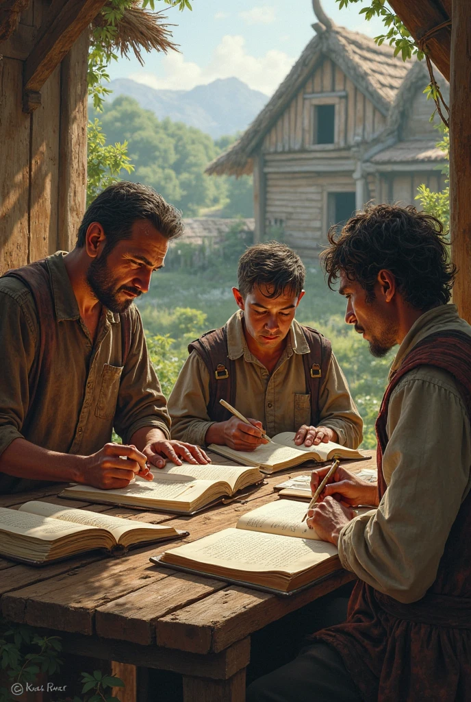 (photorealism:1.2), (8k) A young man with a bible in his hand with a group of children