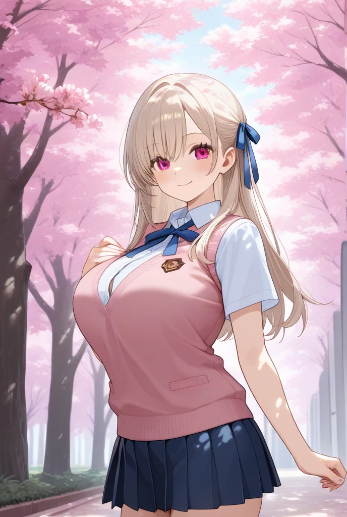 upper body, smile, parted lips, looking at viewer, 1girl, <lora:Char - Ura Kyoushi - Kurosawa Saori v2:1.0>, kurosawa_saori, school uniform, (open vest:1.2), ribbon, short sleeves, cherry blossoms, tree, building,