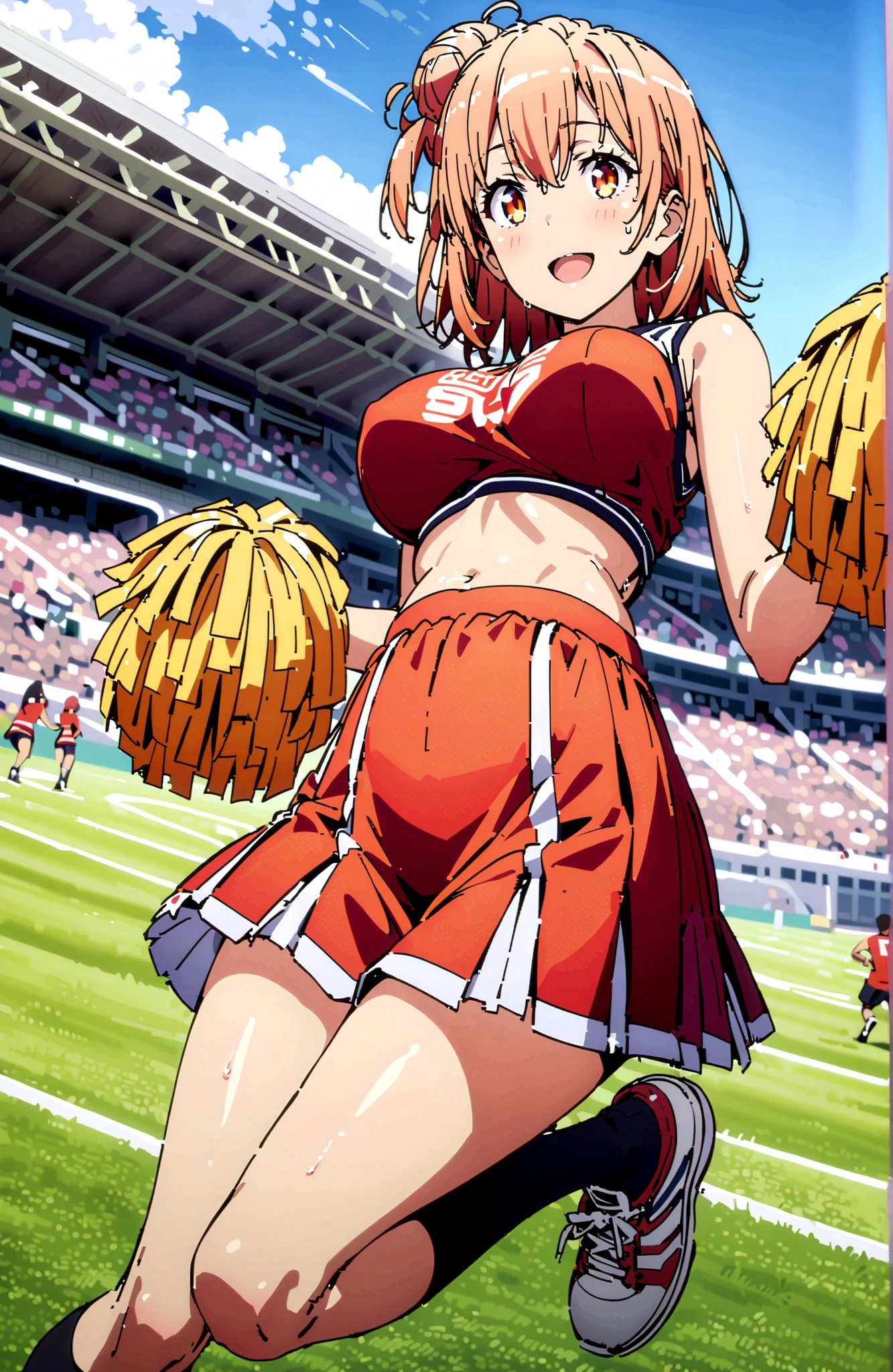 Yuigahama Yui , solo,short hair, brown eyes, Picnic, hair bun, single hair bun,smile,blush,and open the mouth,Big Breasts,under boob,(cheerleading), (full body), Glowing Skin, on chest, (sweated), sweated Wet Clothes, (Red clothing),sleeveless, pleated skirt,black socks,sneakers,belly button out, playground, (jump), (jump), 両足を曲げてjumpする, , blue sky, Compa, smile,cheerleader, Pom-pom \(cheerleading\) real hair ornaments,angle from below,audience,full bodyがイラストに入るように,in their 40s outdoors,stadium,
in their 40s looking at viewer,full body,
in their 40s (masterpiece:1.2), best quality, high resolution, Unity 8Kの壁紙, ( illustration :0.8), (beautiful detailed eyes:1.6), very detailed face, perfect lighting, very detailed CG, (perfect hand in h, perfect anatomy),