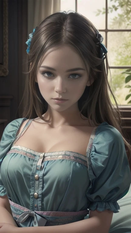 woman, ((Masterpiece, best quality)), detailed skin, highly detailed, cinematic lighting, ultra realistic, blush, looking at viewer, jane porter, jane from tarzan, disney, brown hair, blue eyes, long hair, portrait, kneeling, big breasts, cleavage, cum on face, sucking dick, wild scenery