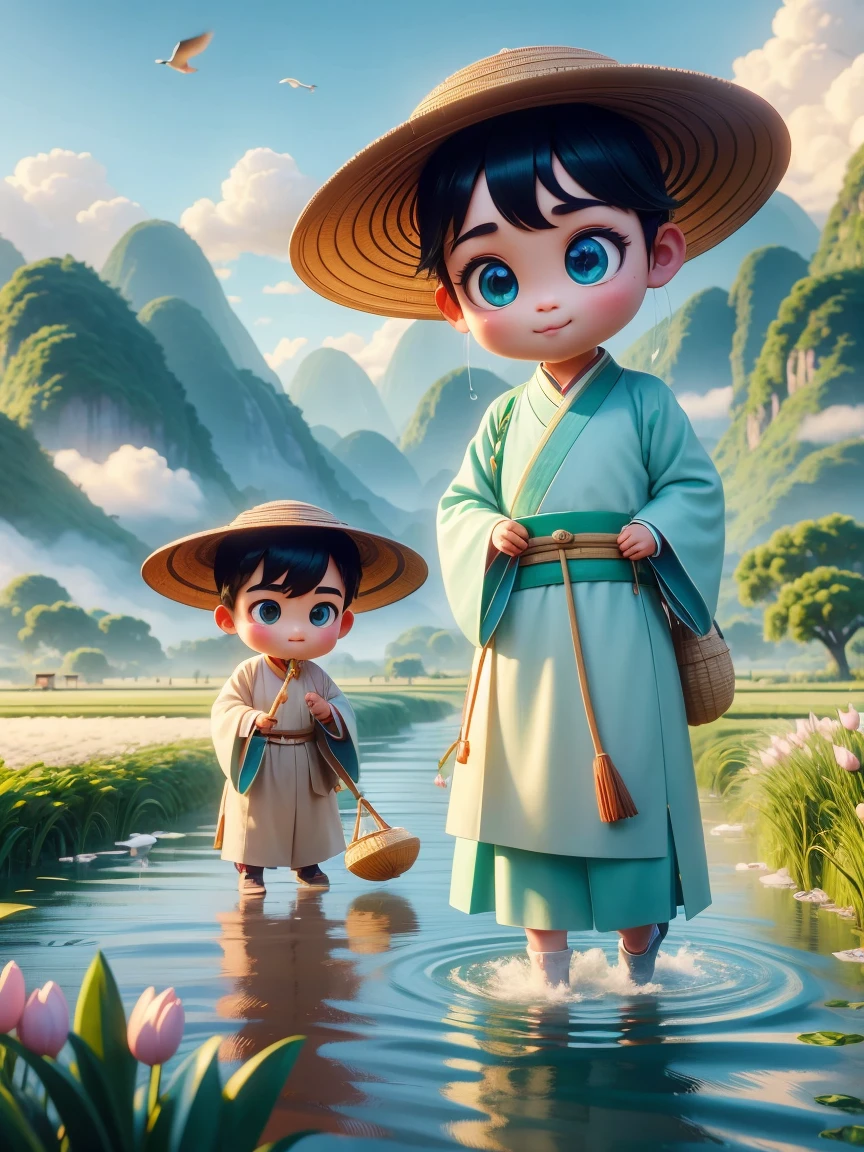 (((Spring Morning)))，A cute little Chinese boy，Dressed in light-colored Hanfu，Planting vegetables with a hoe，A black cow eats grass，From Bubble Mart。she is in the fields，distant river、grassland，There are mountains in the distance，birds circling in the sky，With green onions。Disney-Pixar-style characters，big watery eyes，bright colors。Ray tracing、Octane refining technology，Wide-angle view，clay material，animated lights。3D production，Use C4D、Overclocked rendering