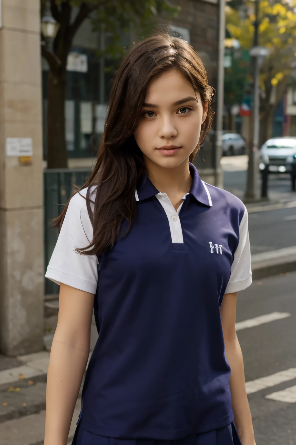 Create an RPG-style scene of a beautiful blue-eyed brunette woman in a short skirt! uma camiseta polo sem blusa andando de bicicleta