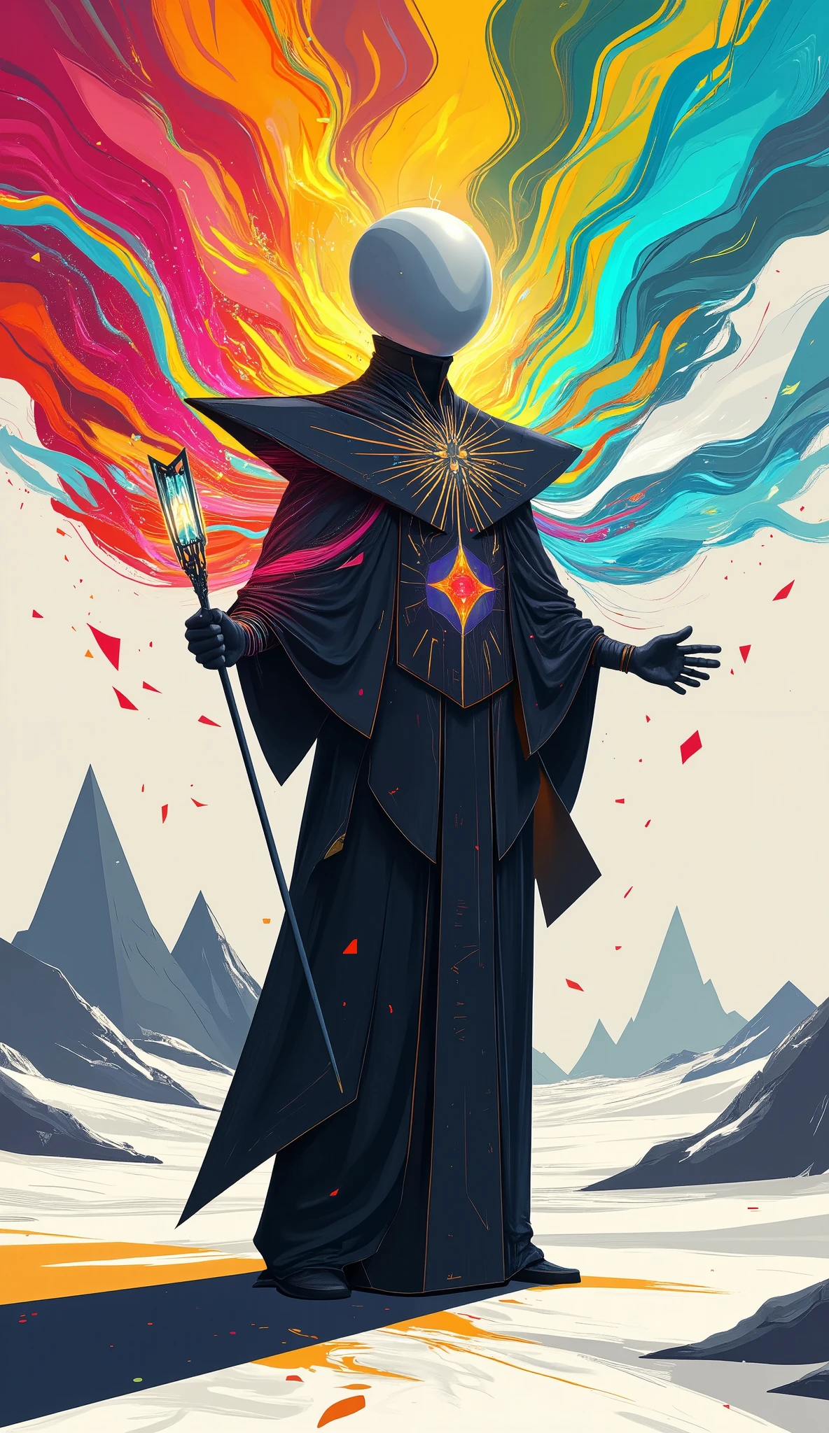 A sorcerer with no face, only a circle for a head and sharp rectangular robes. One hand extends a square-shaped wand shooting out colorful lines. Minimalist background with angular mountain silhouettes. Bright, high-contrast colors. Storybook character in Bauhaus abstraction.