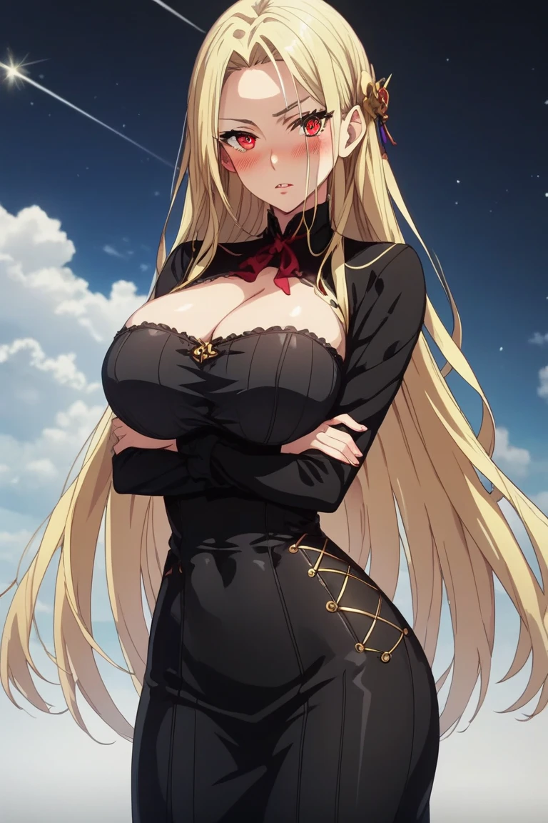 ((masterpiece)), ((best quality)), 1girl, adult, long hair, big bust, ((blonde hair)), ((intimidant look)), ((close-up)), profile image, green eyes, black and red clothes, sexy, dark colors, brillant eyes, ((coat with fur)), ((wavy hair)), exposed skin, ((sexy pose)), good anatomy, ((dark sage clothes)), ((straight cut bangs)), emotionless, intimidant, ((beautiful eyes)), dark background, close up, ((detailed eyes)), ((detailed face)), hair bang, frontal look, evil, relaxed, smile, magical goddess othinus, abs, eyepatch, huge tits