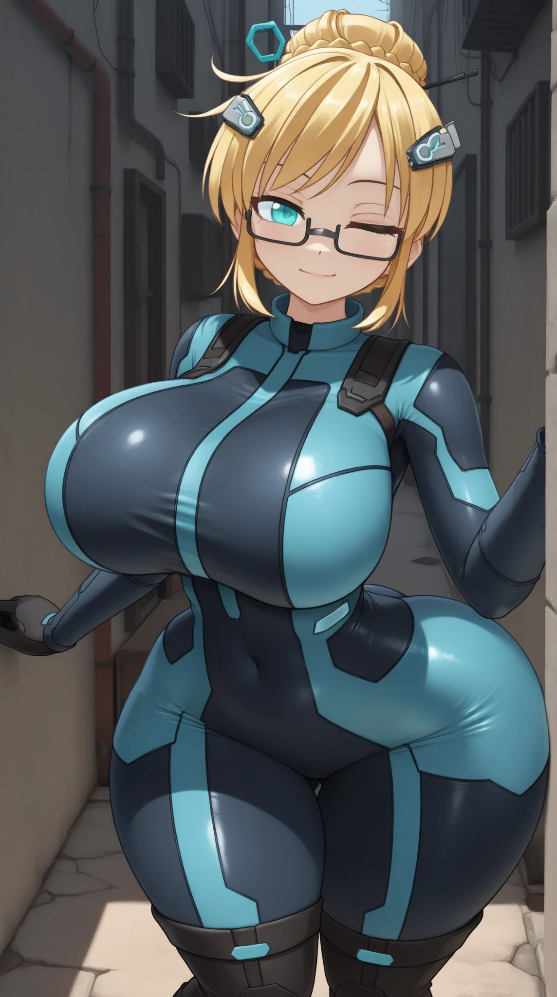 1girl, breasts, wide hips, large breasts, blonde hair, very short hair, blue eyes, smile, smirk, smug, bodysuit, white bodysuit, futuristic, science-fiction, tech, neon, neon trim, black pantyhose, pantyhose, thick thighs