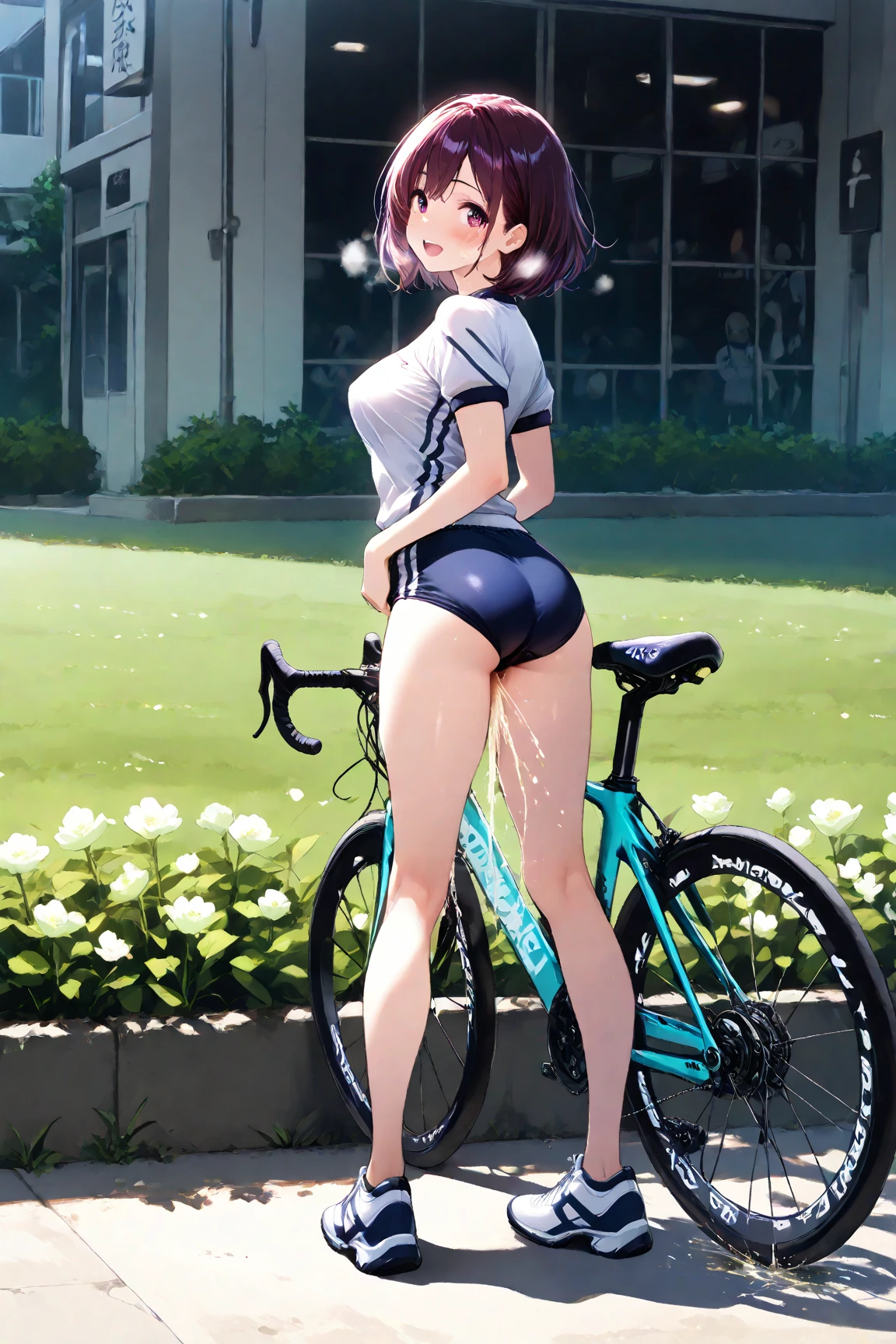 anime, best quality, high quality, highres, beautiful women, high detail, good lighting, , , (((cycling outfit))), ((sweaty)),  thighs, (((wetting herself))), (((peeing herself))), (((peeing self))),  streaming down legs, peeing stain, (puddle), (thick thighs), nice legs, lipstick, ((at a park)), ((view of ))